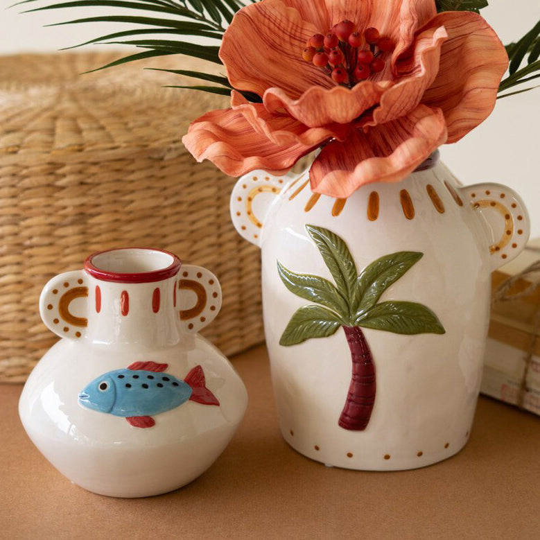Ceramic Fish and Palm Tree Vase Set of 2