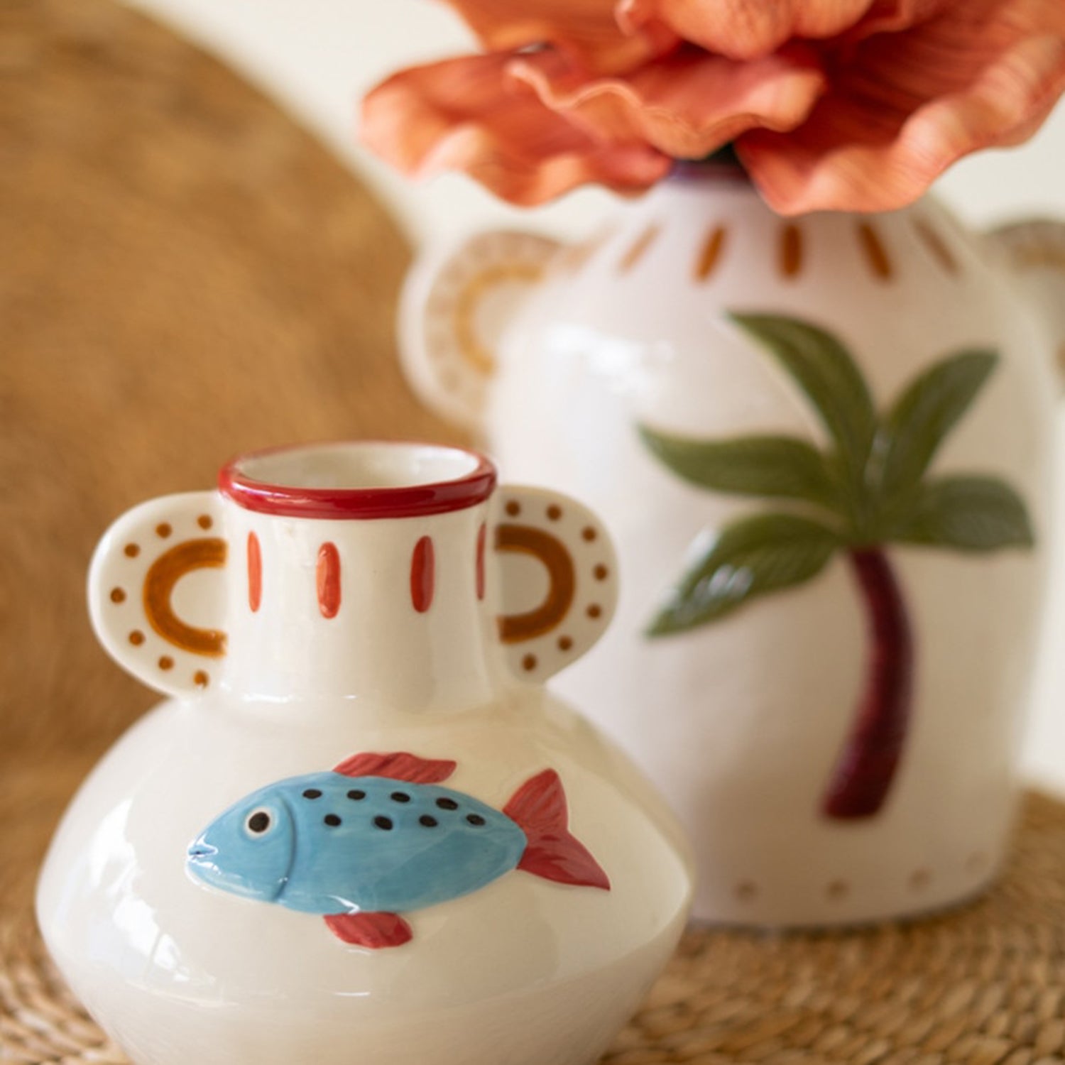 Ceramic Fish and Palm Tree Vase Set of 2