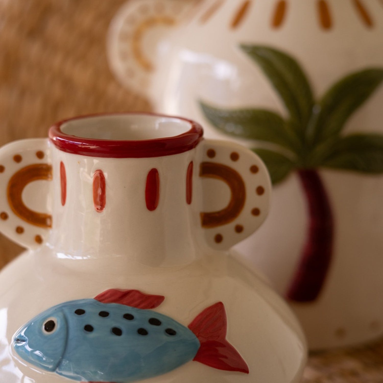 Ceramic Fish and Palm Tree Vase Set of 2