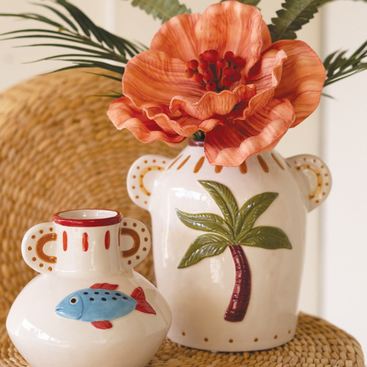 Ceramic Fish and Palm Tree Vase Set of 2
