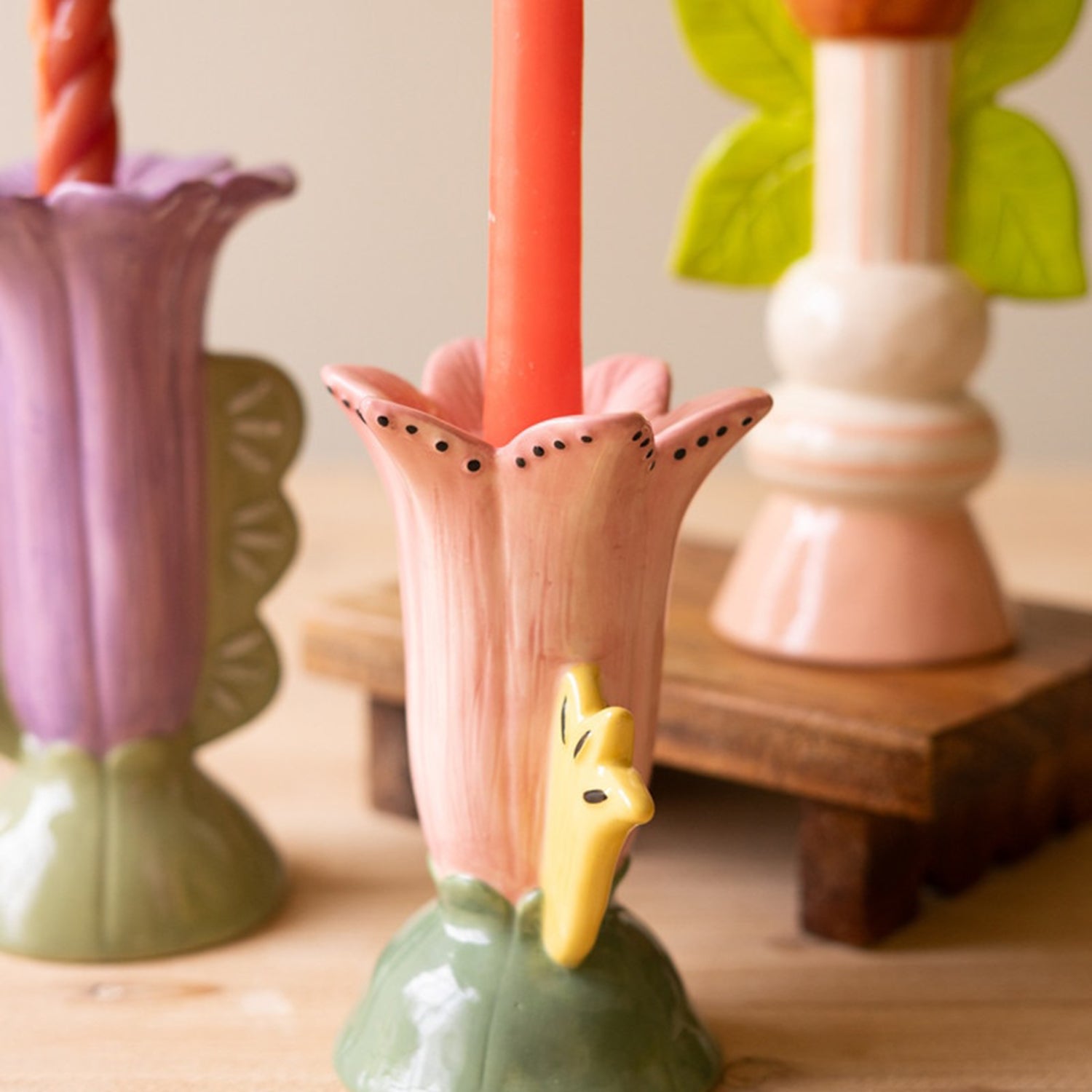 Ceramic Flower Taper Candle Holder Set of 3