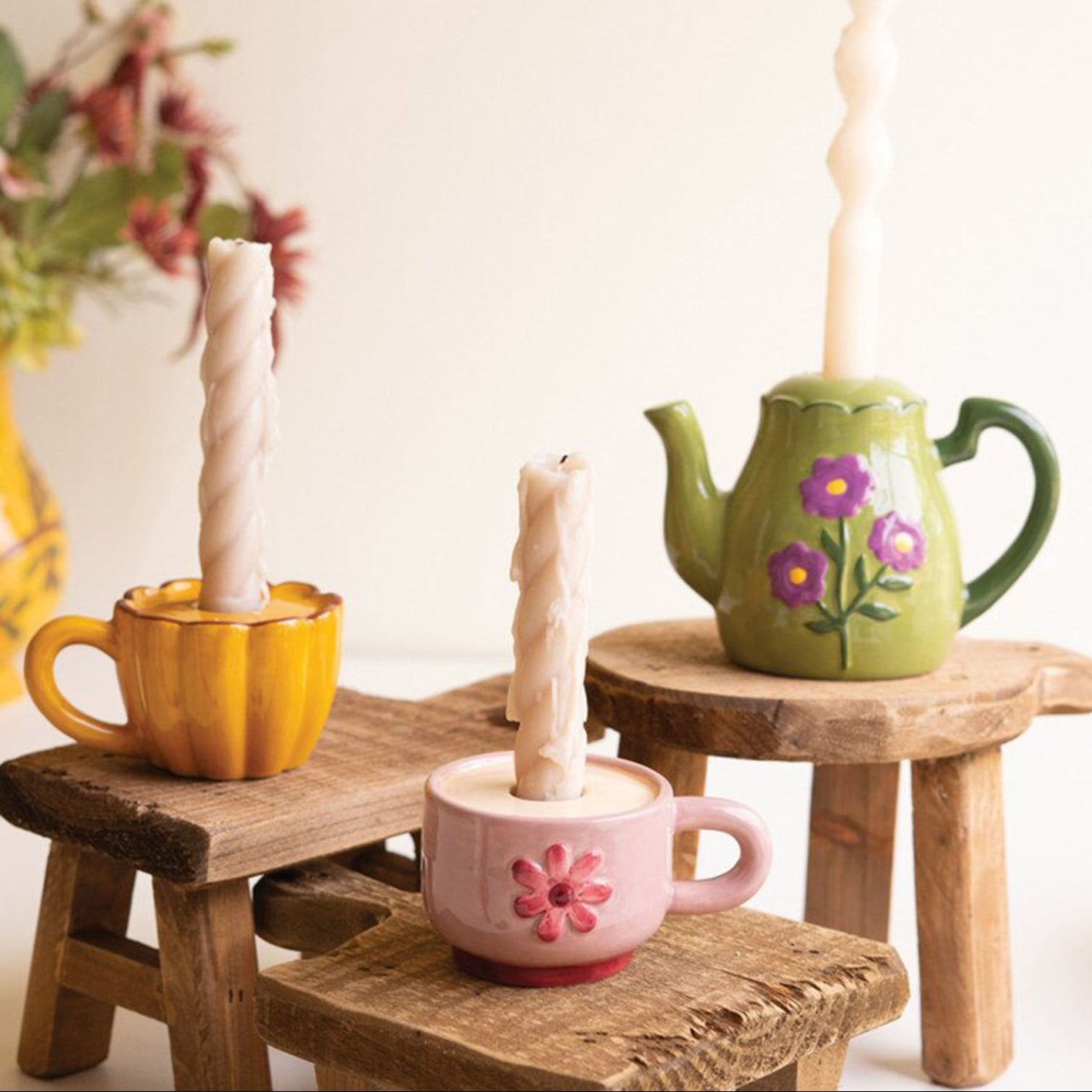 Ceramic Teapot & 2 Cups Taper Candle Holder Set of 3