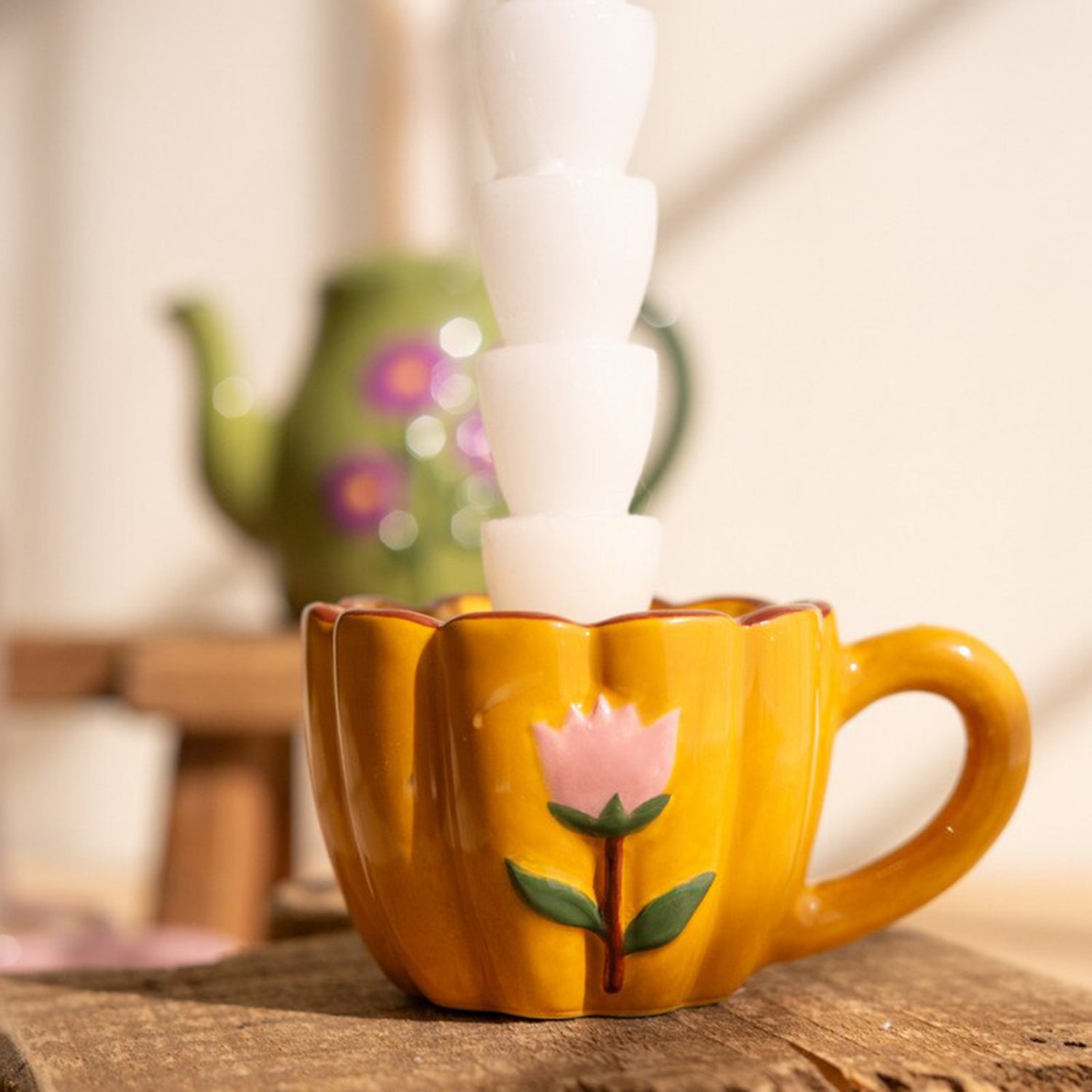 Ceramic Teapot & 2 Cups Taper Candle Holder Set of 3