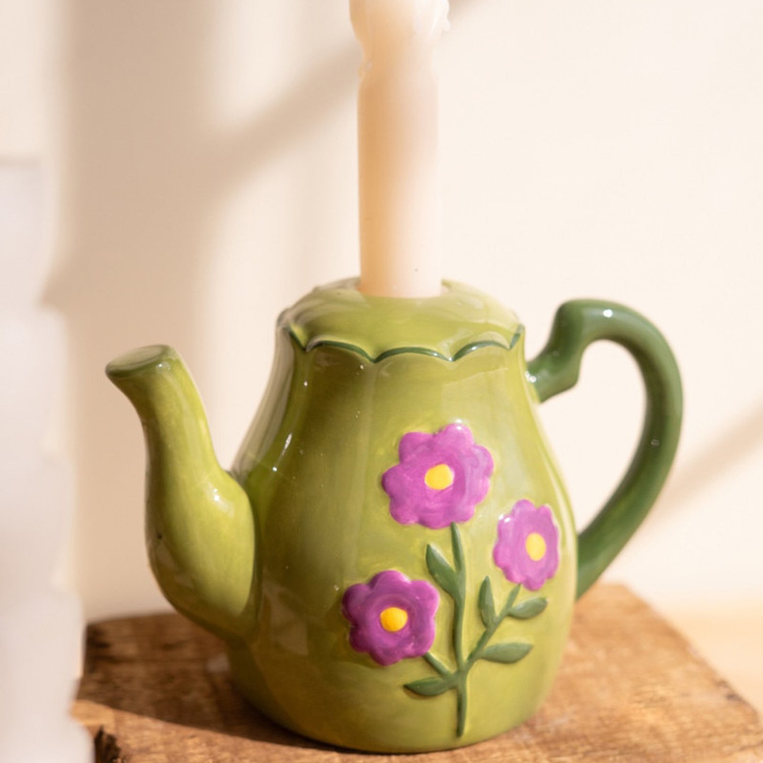 Ceramic Teapot & 2 Cups Taper Candle Holder Set of 3