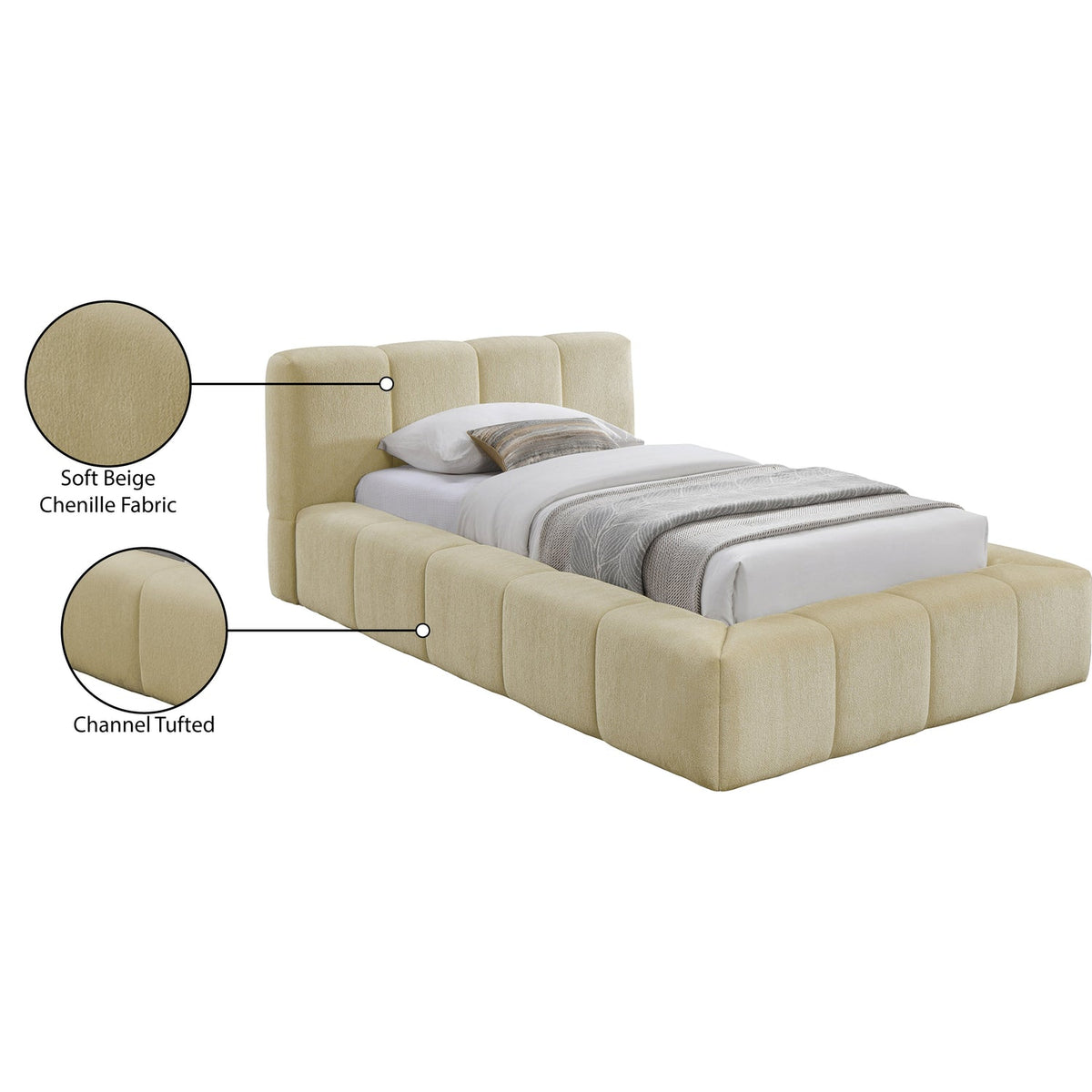 Carlin Beige Chenille Fabric Upholstered Bed