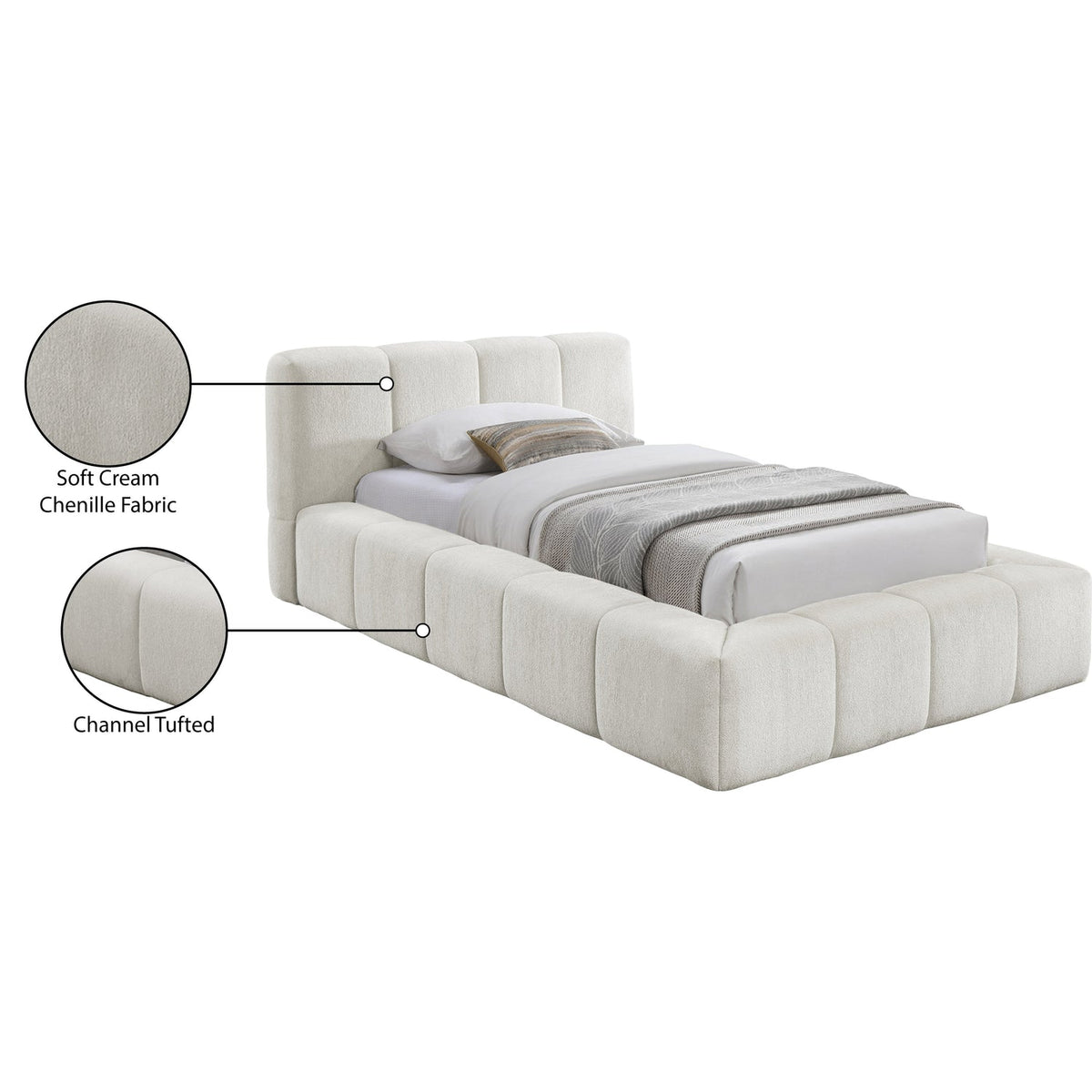 Carlin Cream Chenille Fabric Upholstered Bed