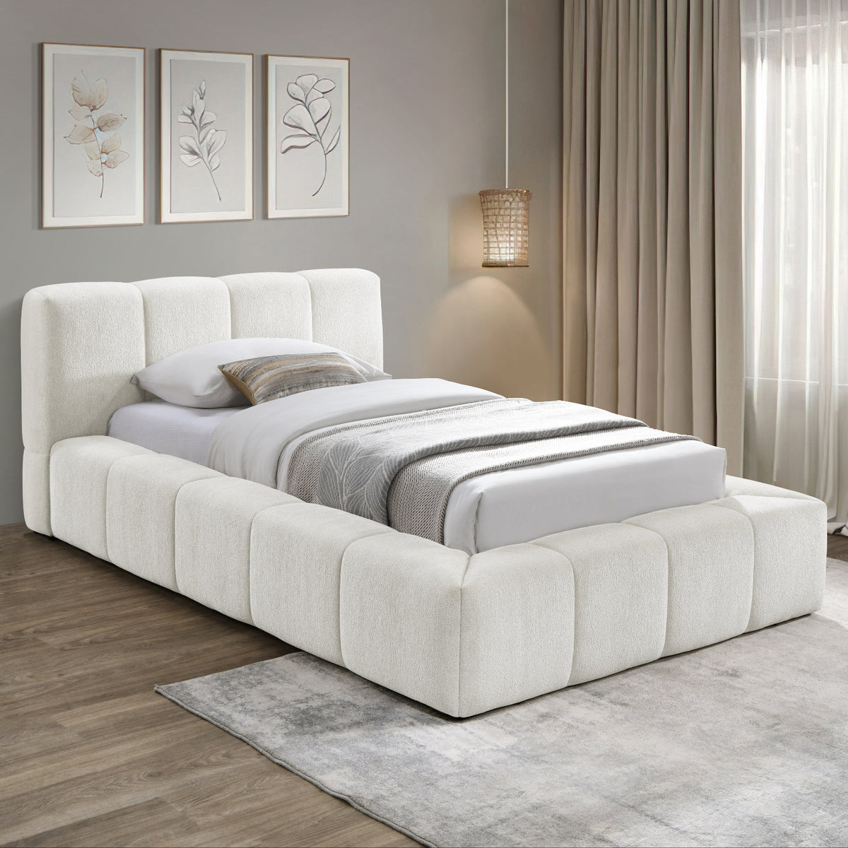 Carlin Cream Chenille Fabric Upholstered Bed