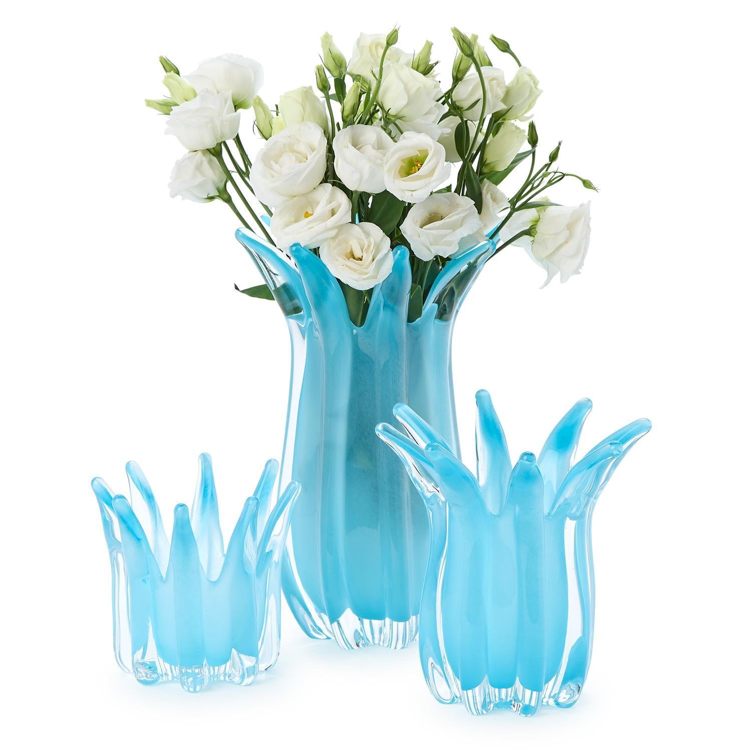 Blue Glass Candle Holder/Vase Set of 3