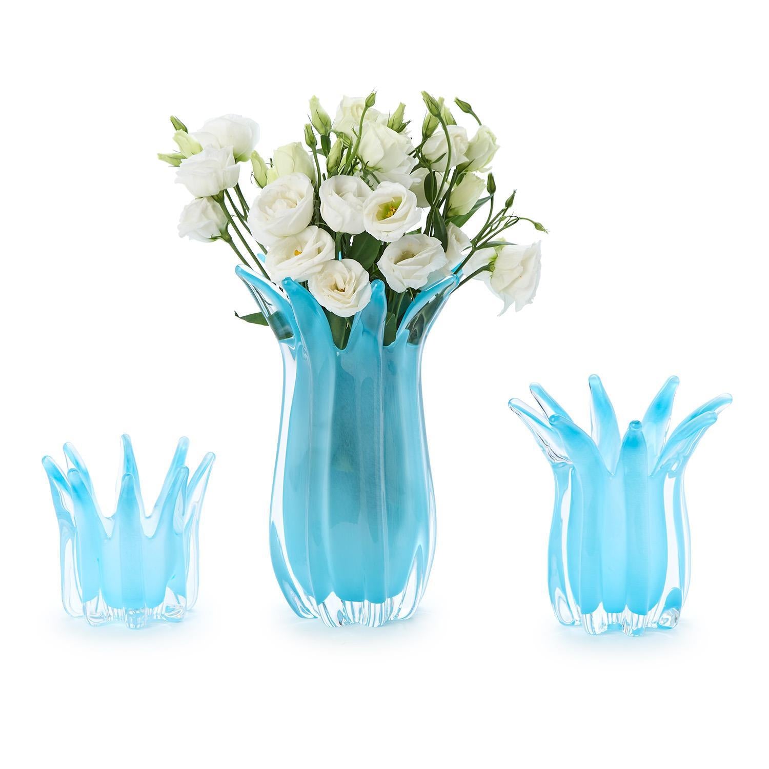 Blue Glass Candle Holder/Vase Set of 3