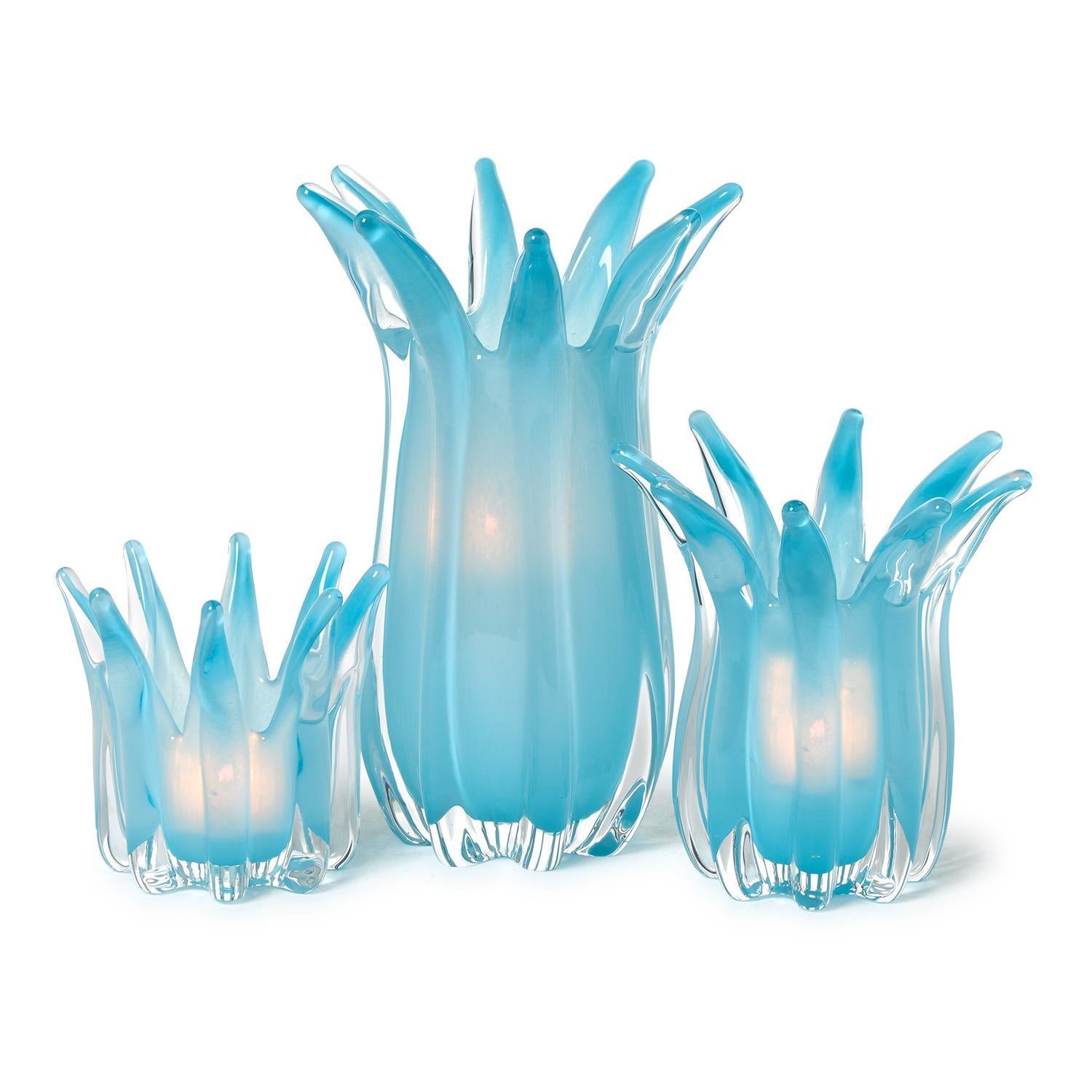 Blue Glass Candle Holder/Vase Set of 3