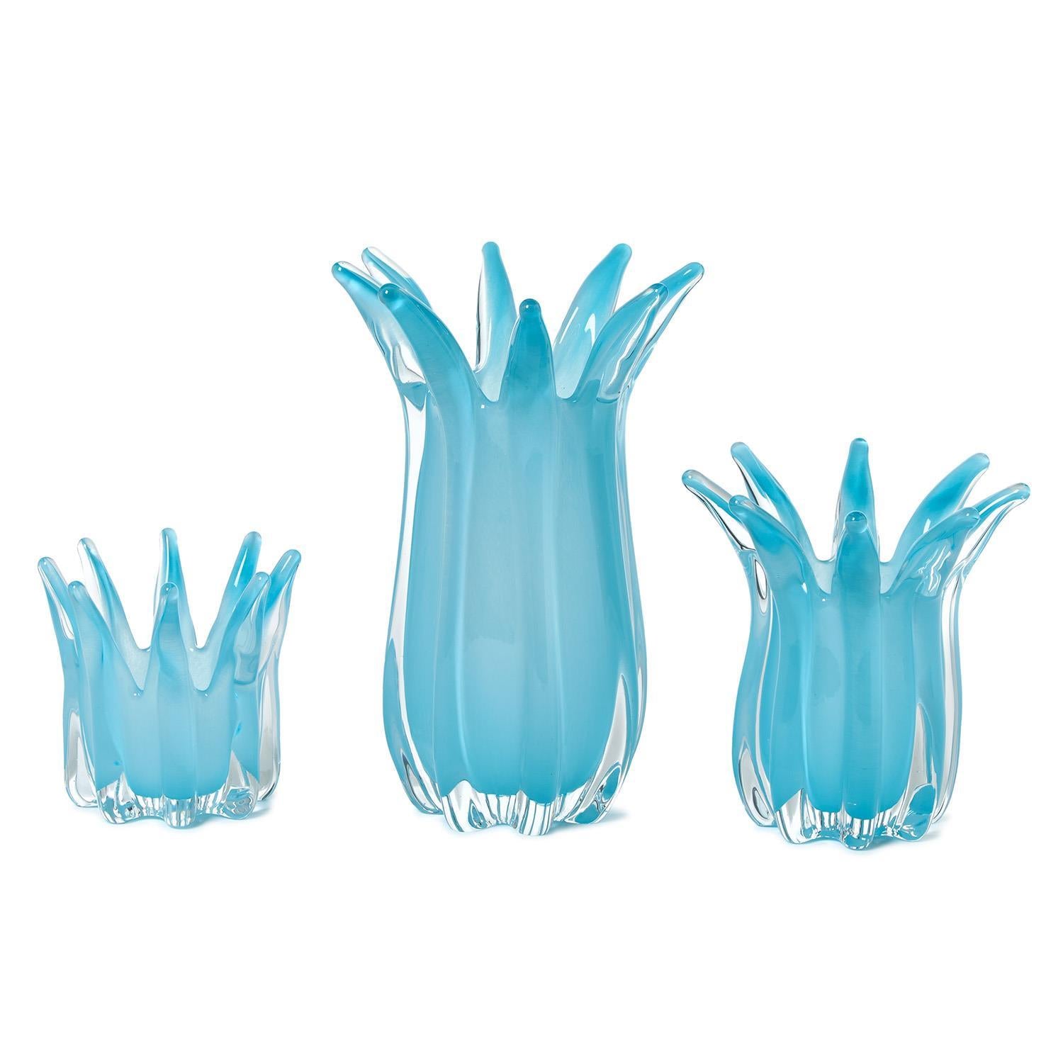 Blue Glass Candle Holder/Vase Set of 3