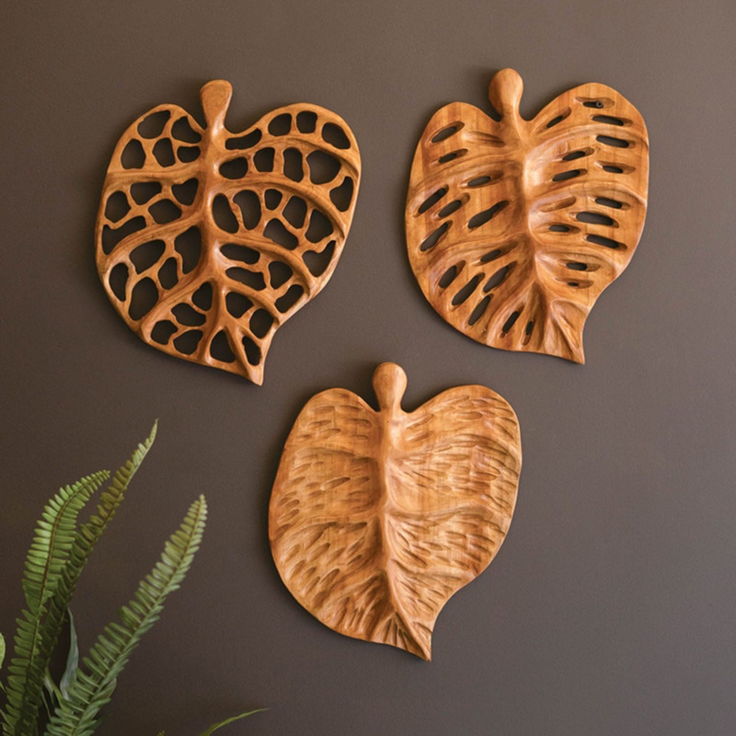Carved Teakwood Leaves Wall Art Set of 3