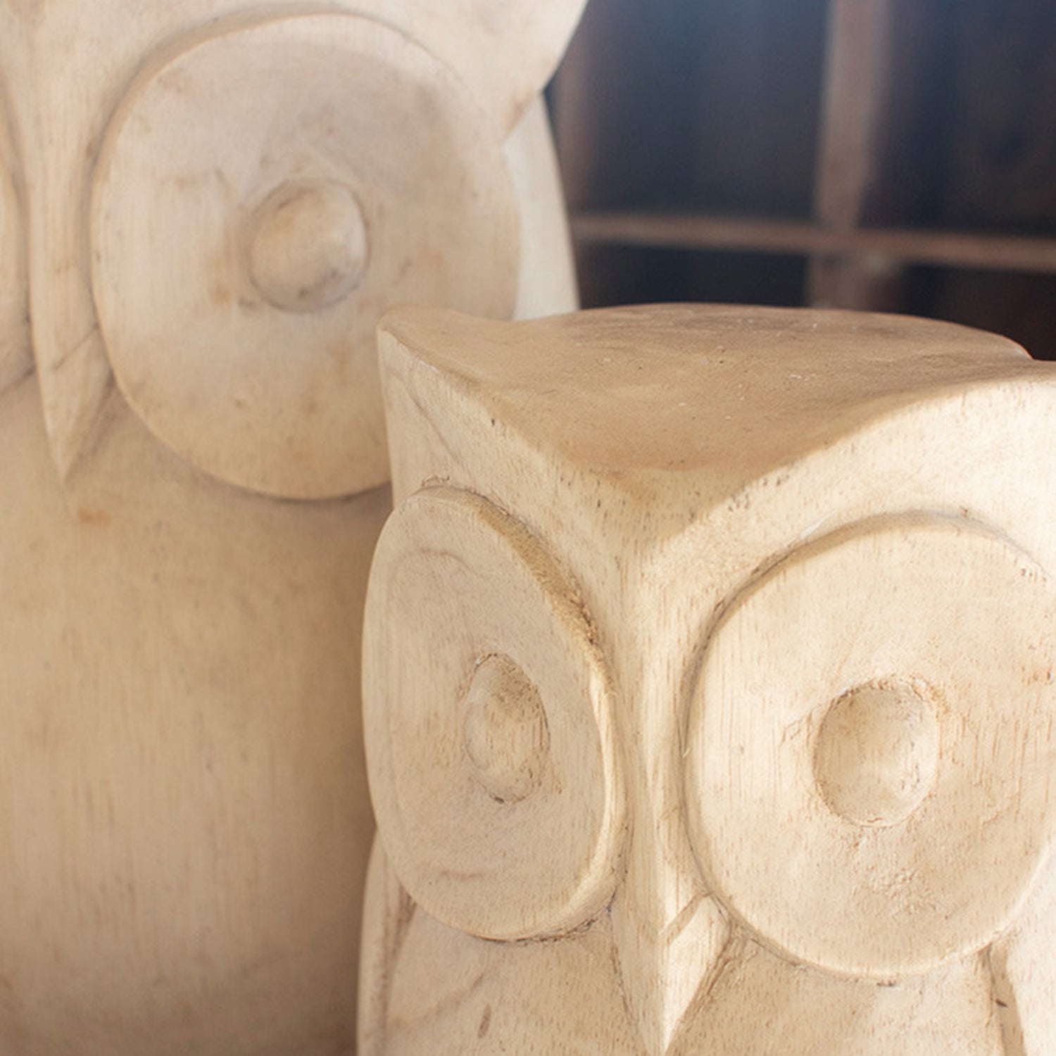 Carved Wood Owl Statue Set of 2