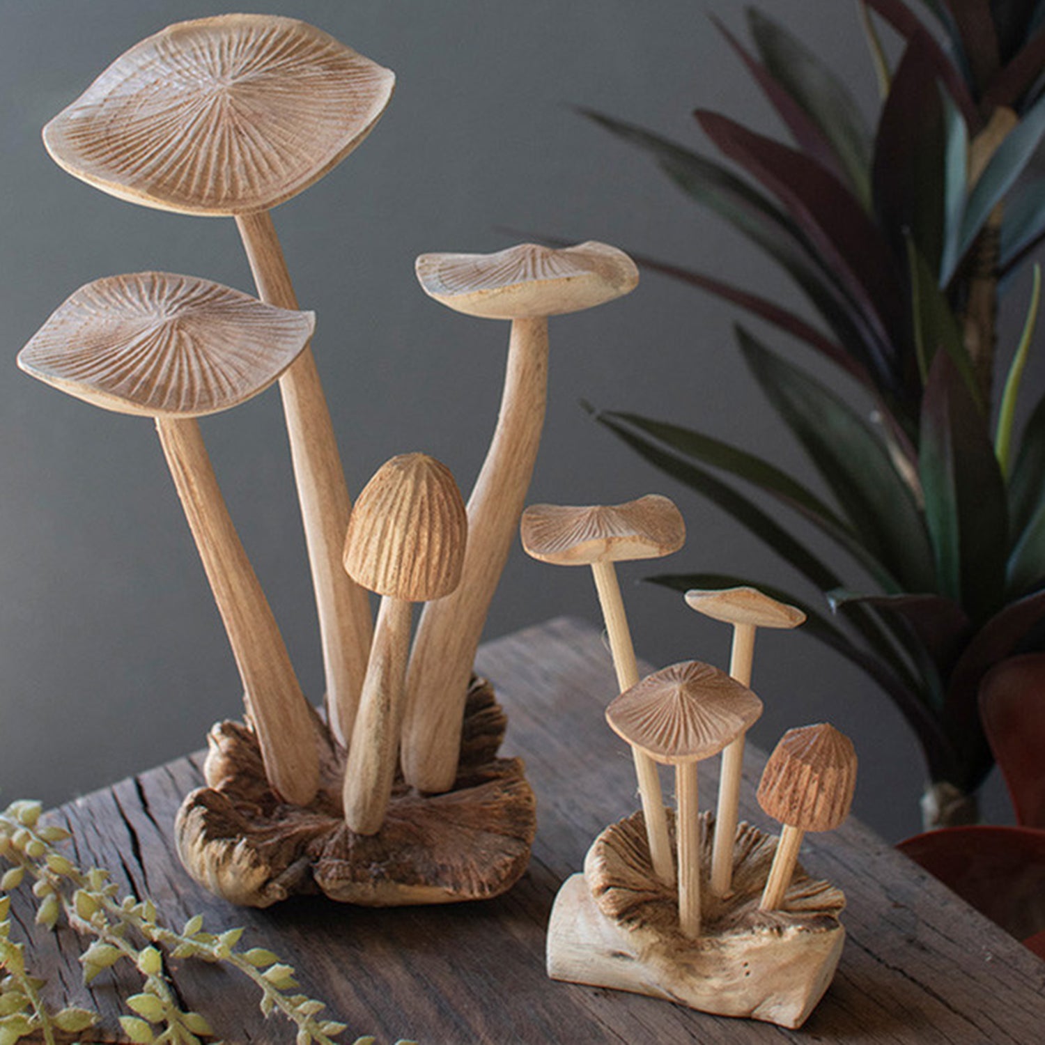 Carved Teak Wood Mushroom Cluster Set of 2