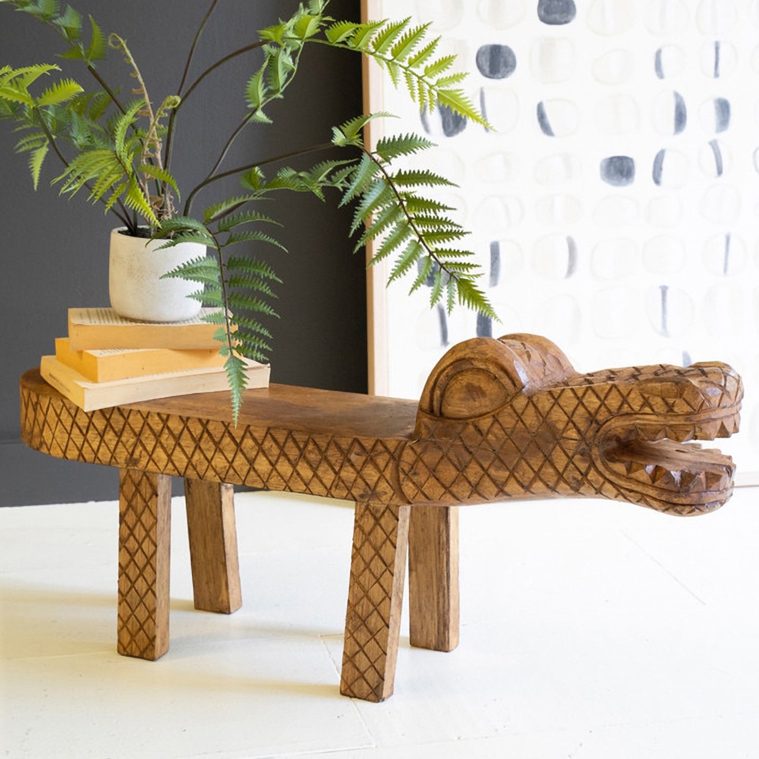 Carved Teakwood Crocodile Bench