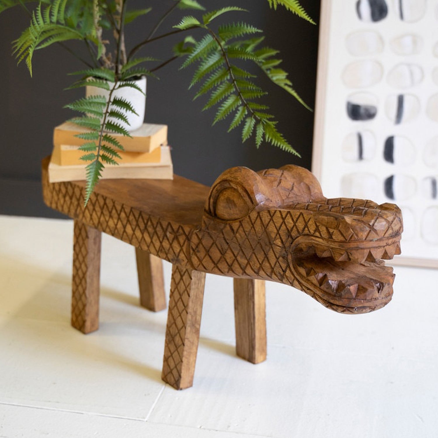 Carved Teakwood Crocodile Bench