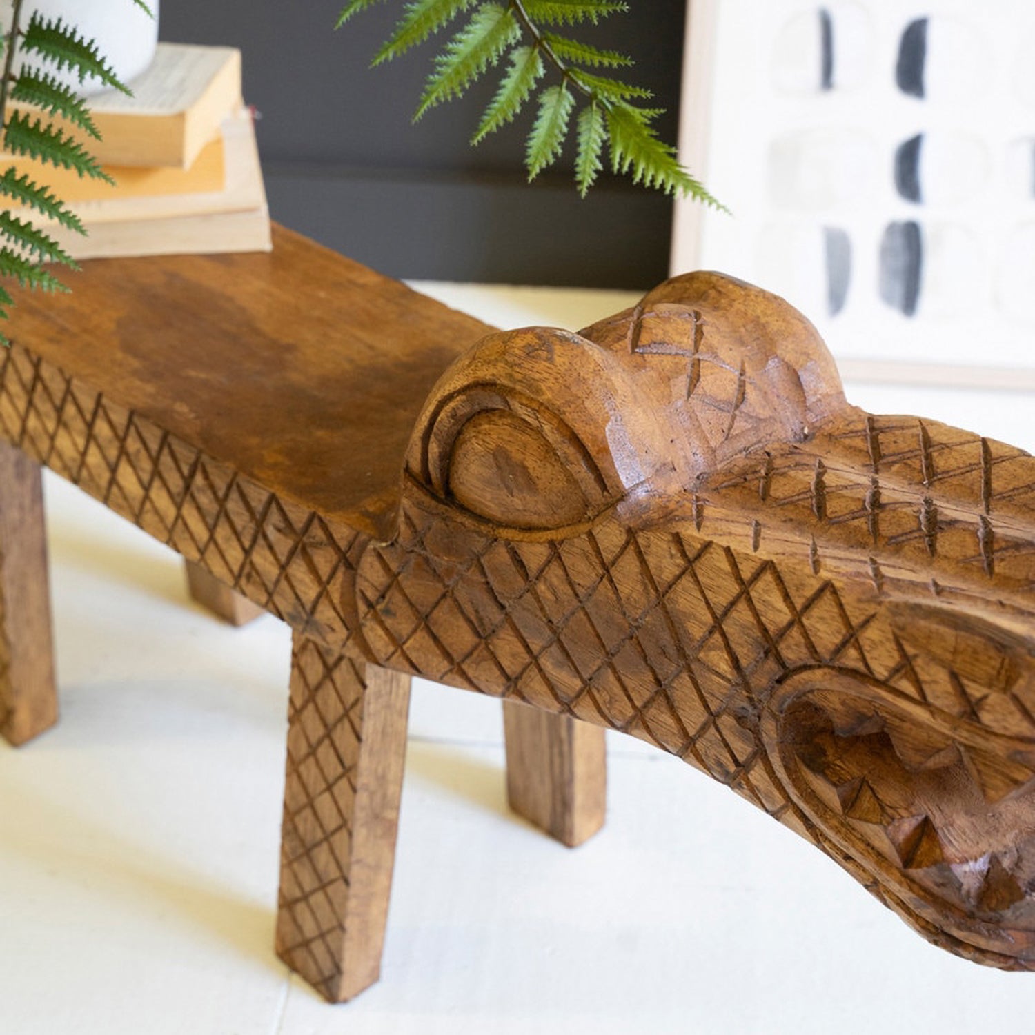 Carved Teakwood Crocodile Bench