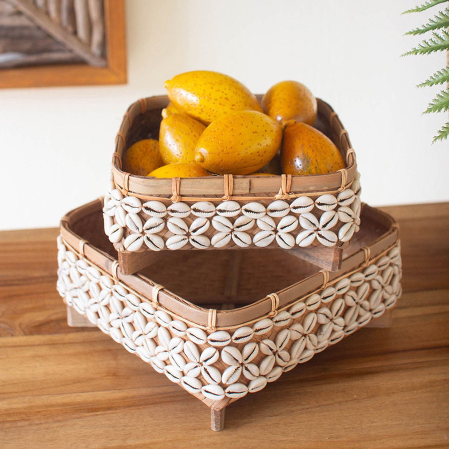 Bamboo Tray with Shell Set of 2