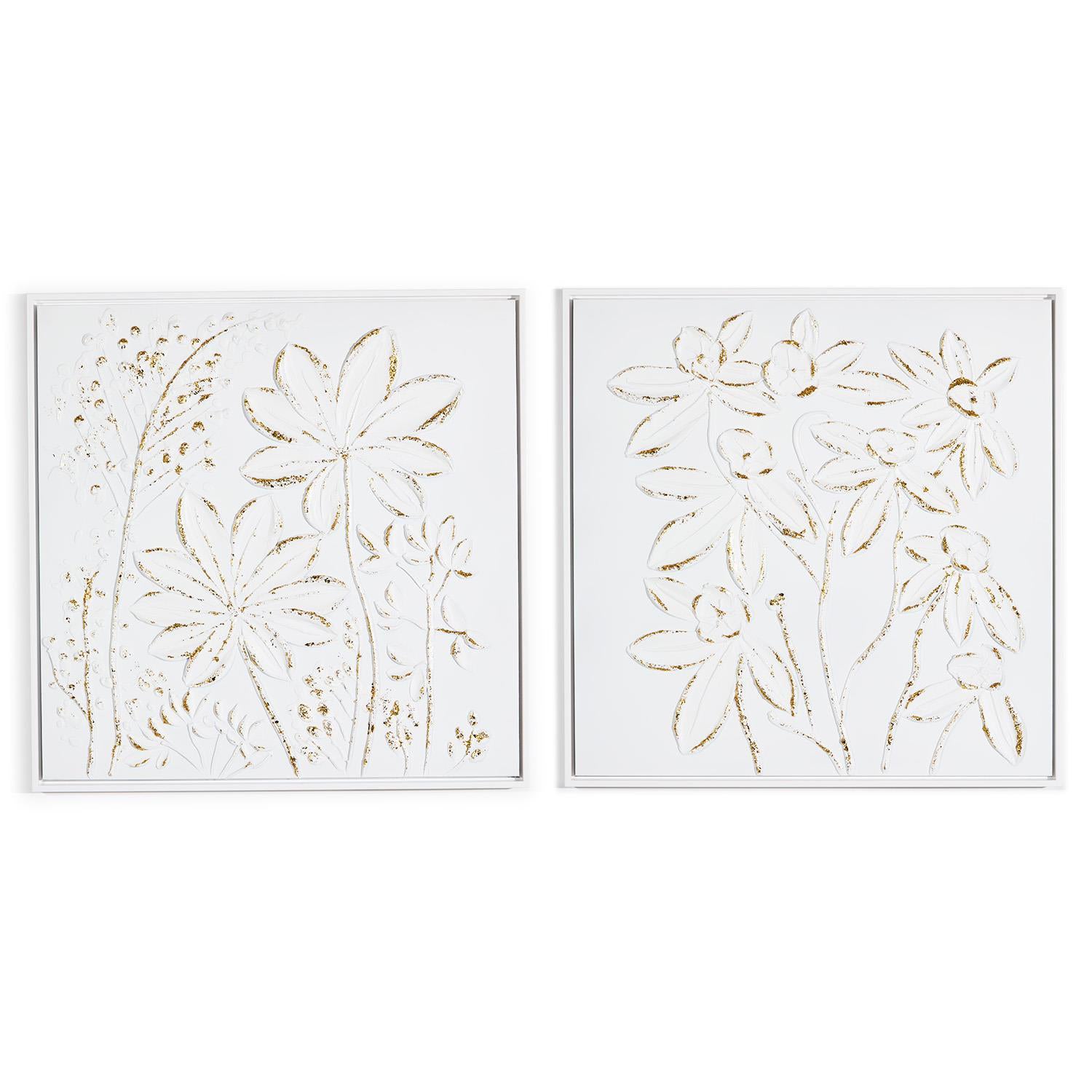 White Florals with Gold Accent Textured Plaster Wall Art Set of 2