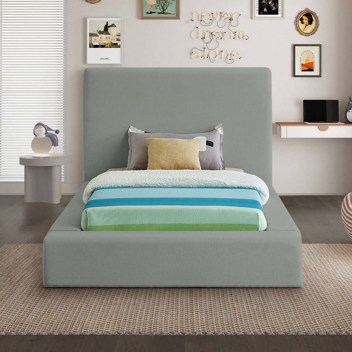 Devin Grey Linen Textured Fabric Upholstered Bed