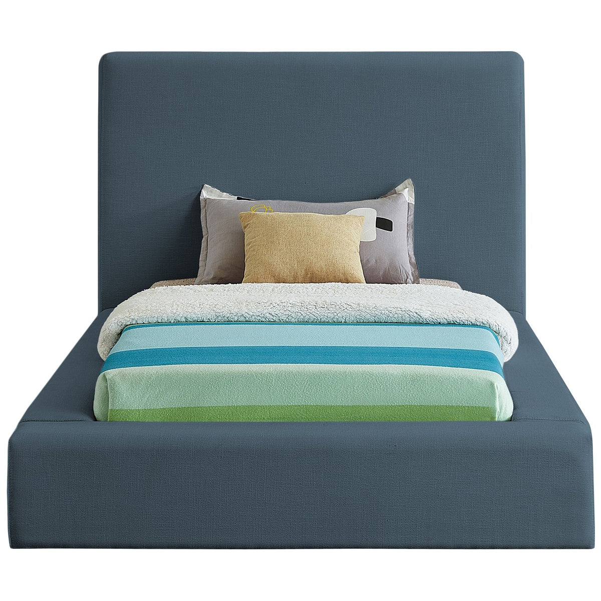 Devin Navy Linen Textured Fabric Upholstered Bed