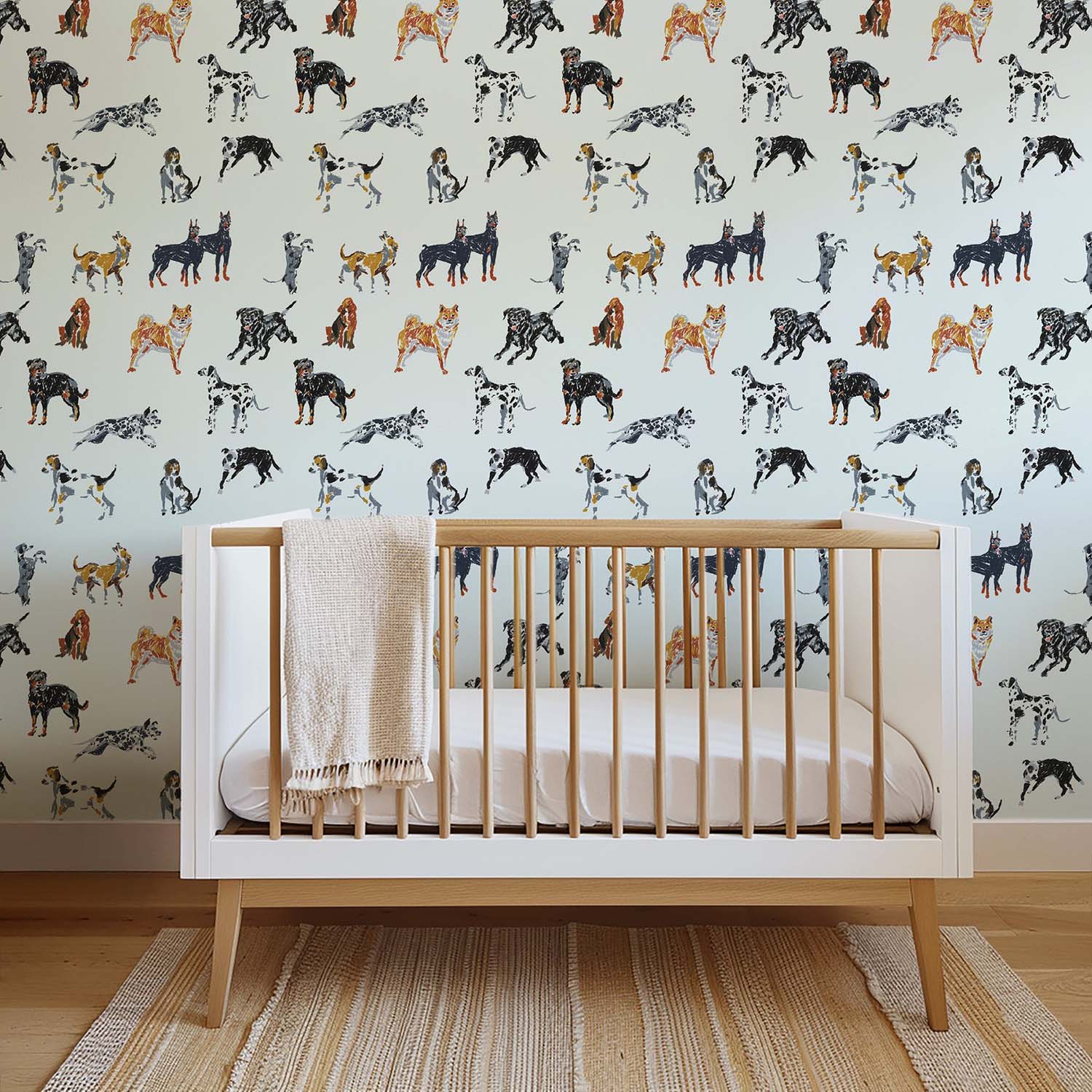 Dog Days statement wallpaper in Sktechpad White, accent wall
