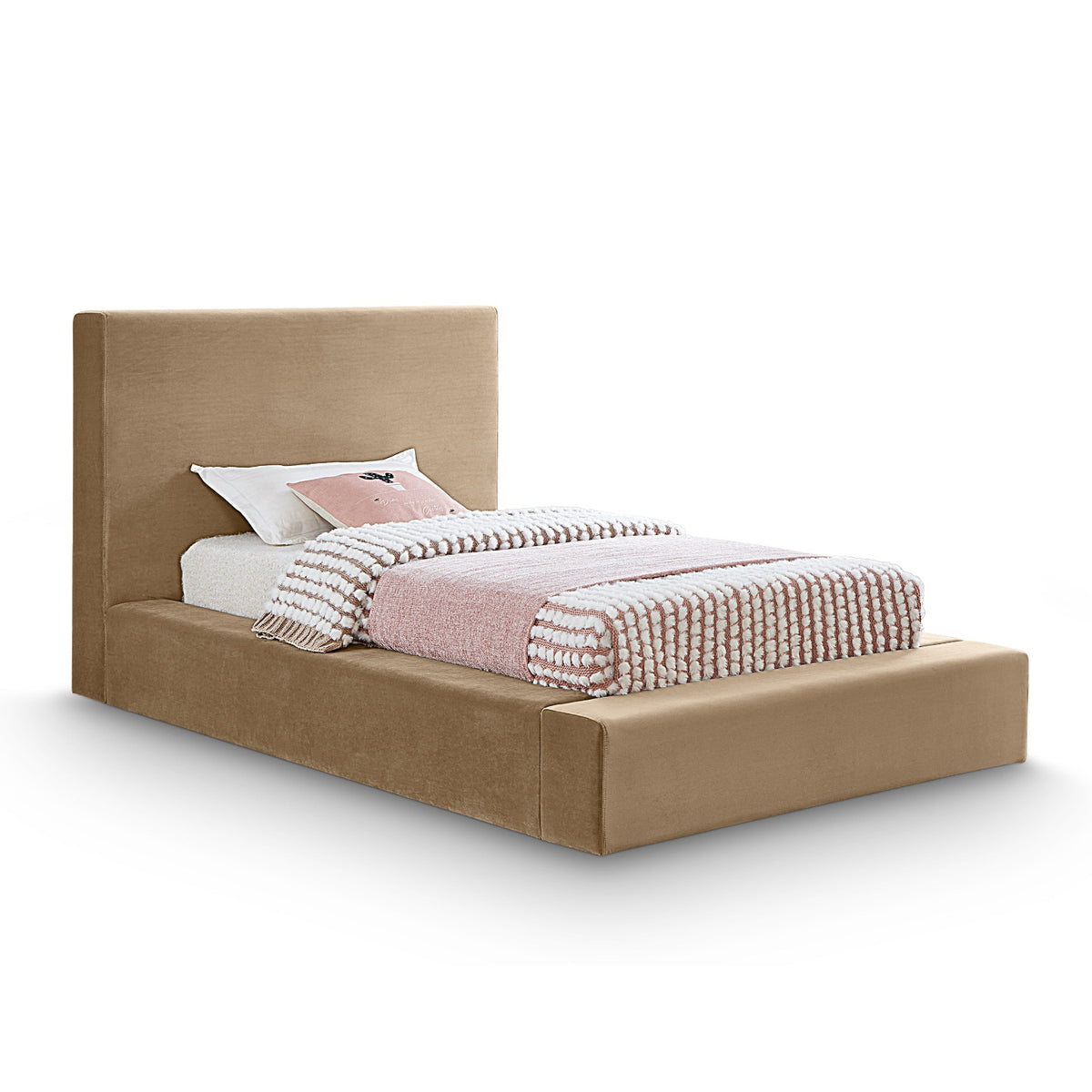 Dorian Beige Velvet Upholstered Bed in beige velvet, primary product view