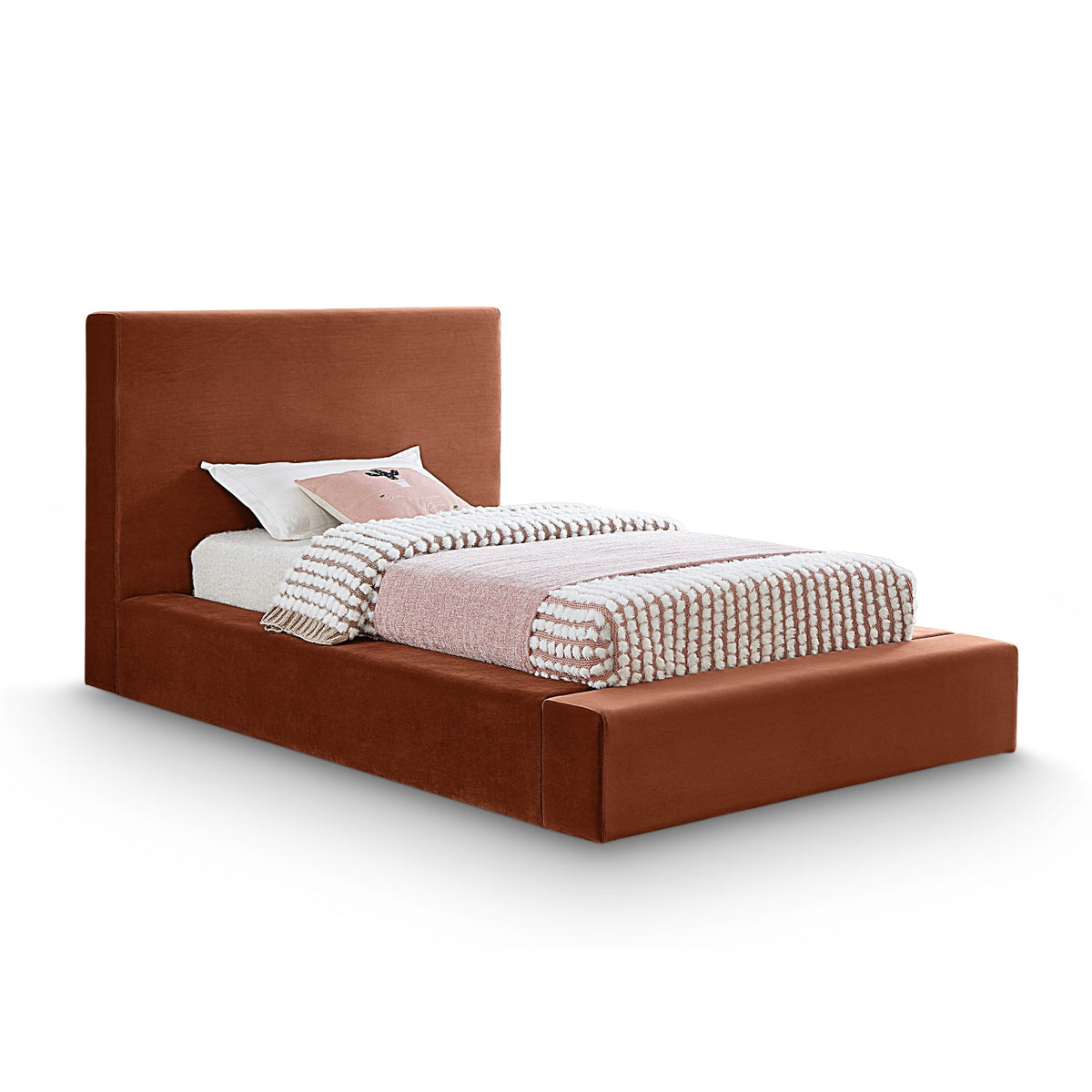Dorian Cognac Velvet Upholstered Bed in cognac velvet, primary product view