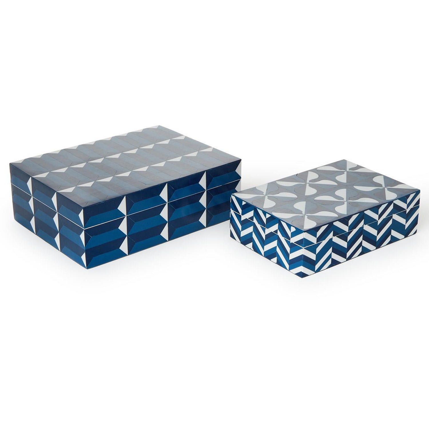 Cobalt Blue Covered Box with Inlaid Geometric Design Set of 2