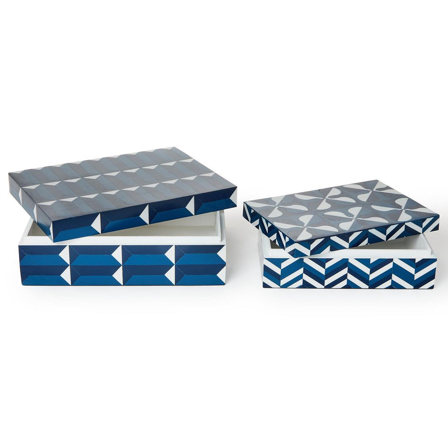 Cobalt Blue Covered Box with Inlaid Geometric Design Set of 2