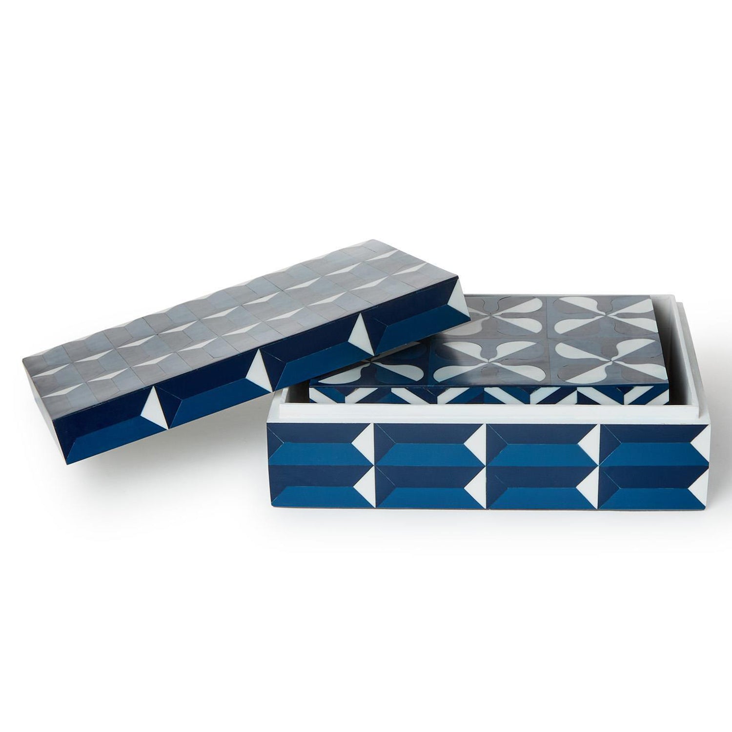 Cobalt Blue Covered Box with Inlaid Geometric Design Set of 2