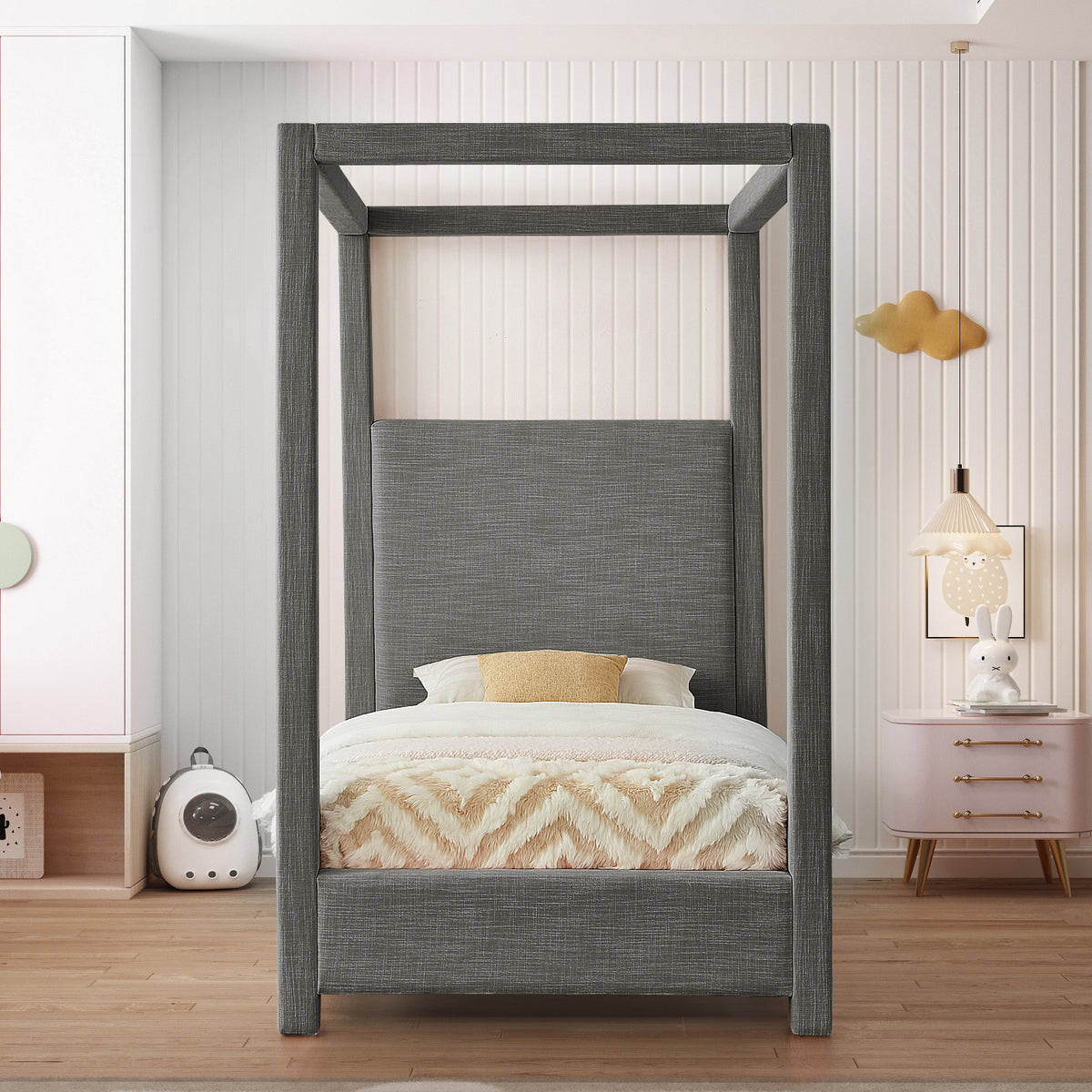 Emerson Grey Linen Textured Fabric Upholstered Bed
