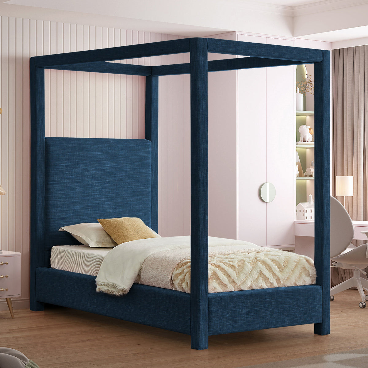 Emerson Navy Linen Textured Fabric Upholstered Bed