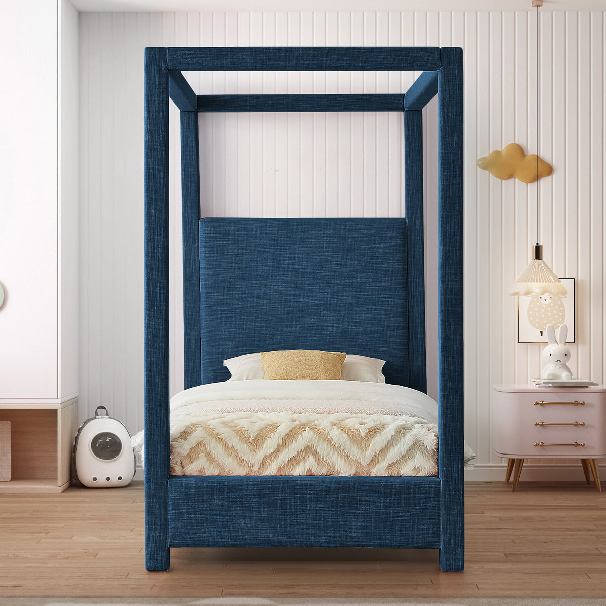 Emerson Navy Linen Textured Fabric Upholstered Bed