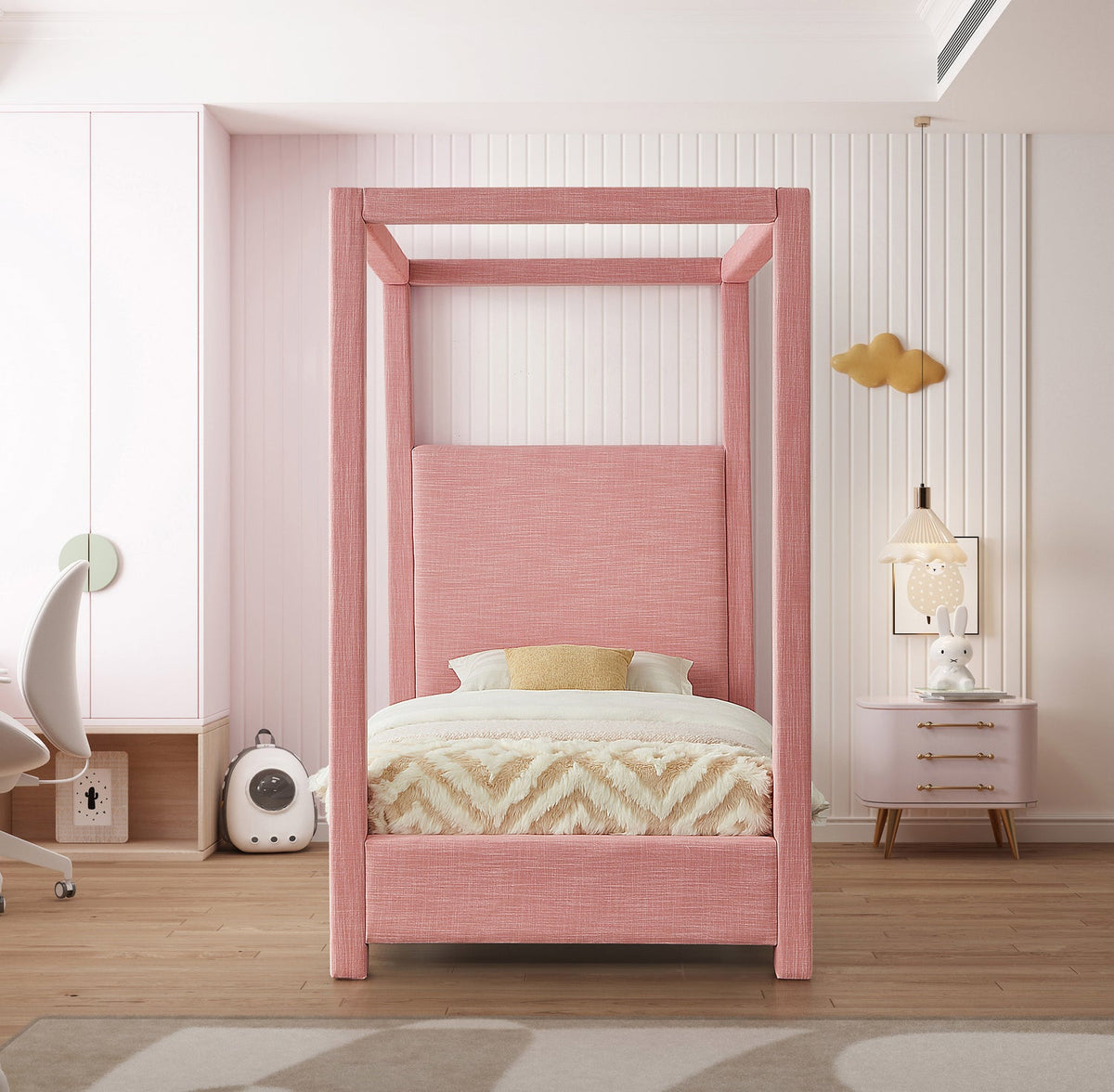 Emerson Pink Linen Textured Fabric Upholstered Bed