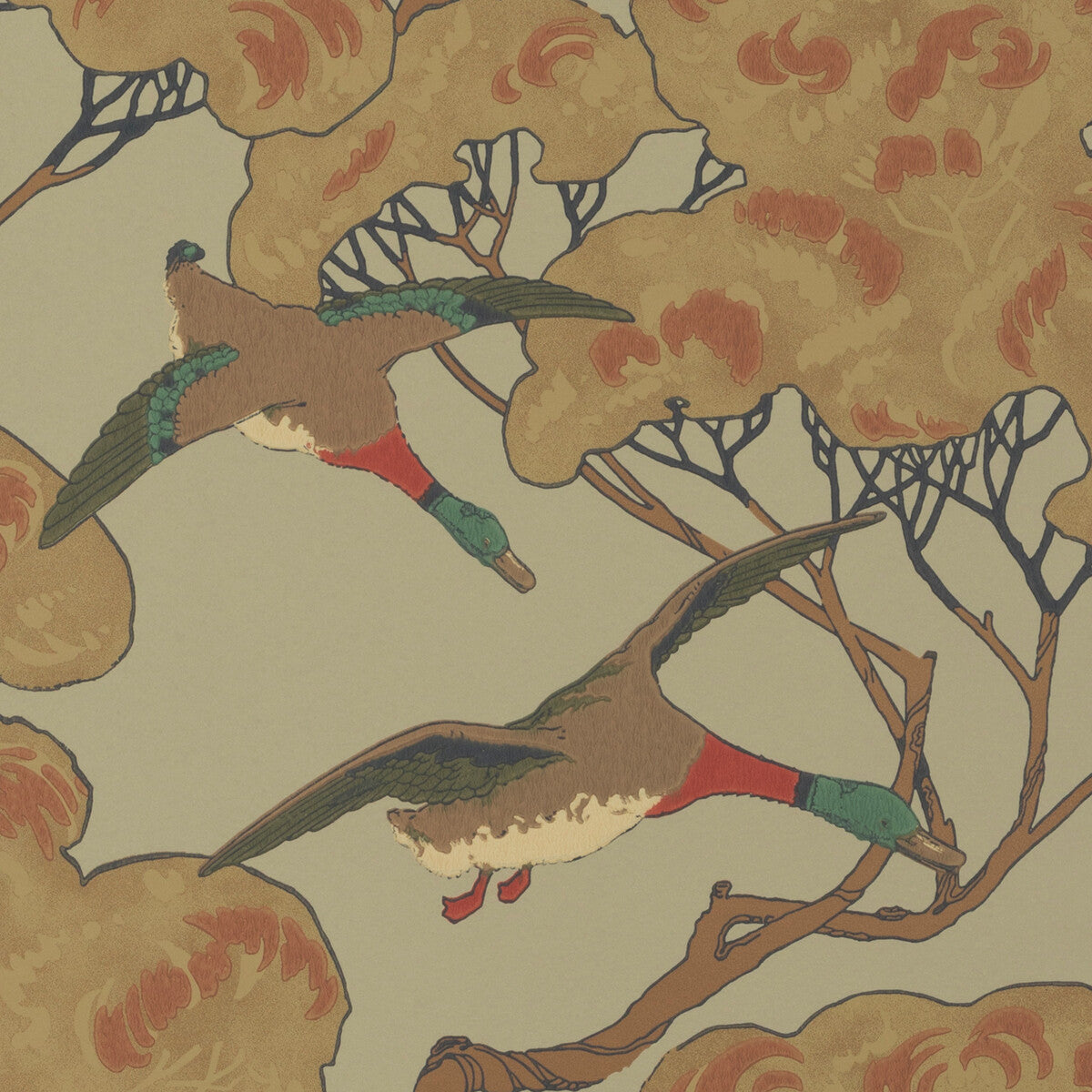 Mulberry Flying Ducks Sky/Moss Wallpaper