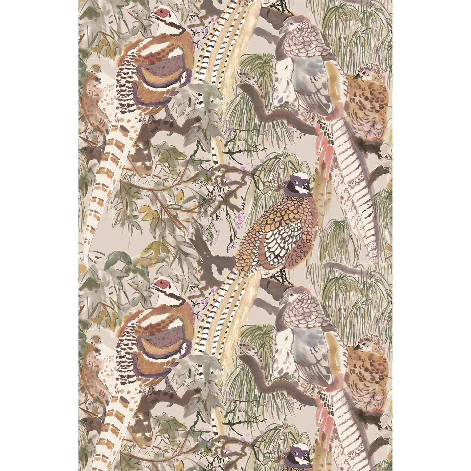 Mulberry Game Birds Antique Wallpaper in antique, styled on a wall to show scale and repeat.
