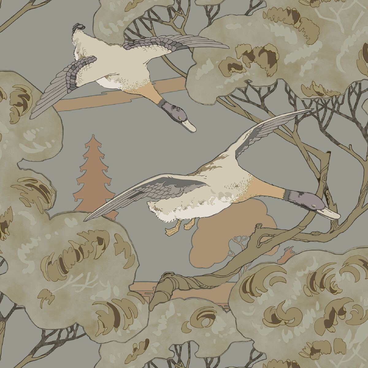 Mulberry Grand Flying Ducks Grey/Blue Wallpaper