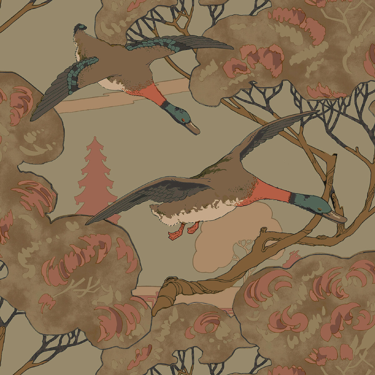 Mulberry Grand Flying Ducks Sage Wallpaper