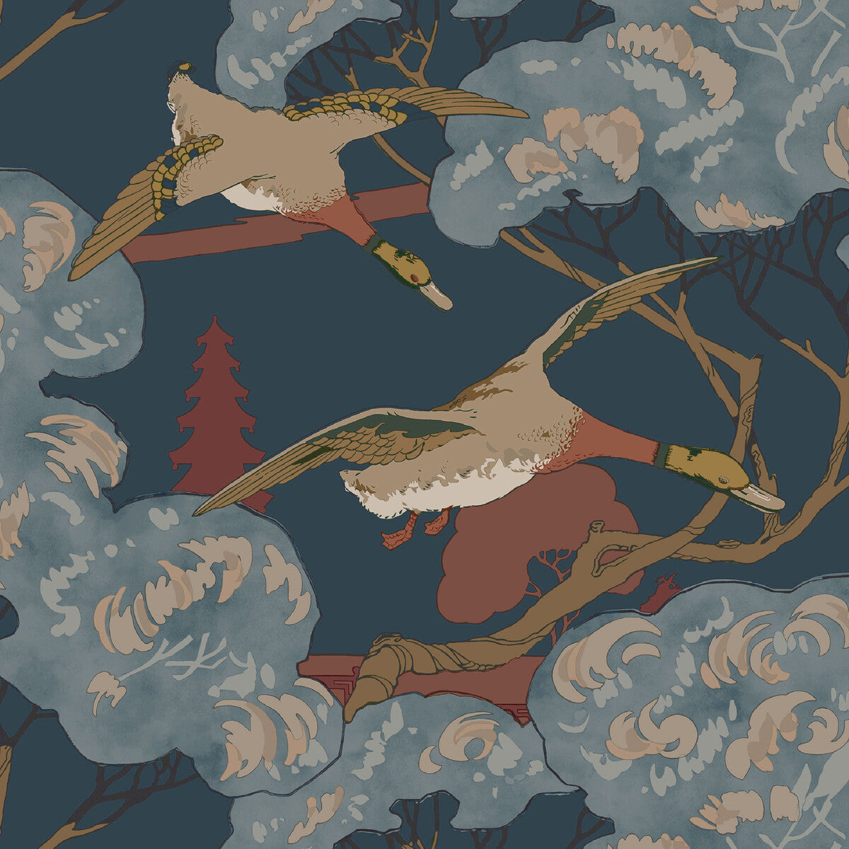 Mulberry Grand Flying Ducks Red/Blue Wallpaper