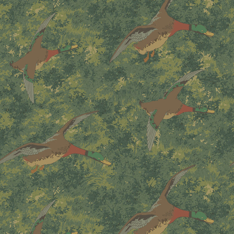 Mulberry Forest Ducks Emerald Wallpaper