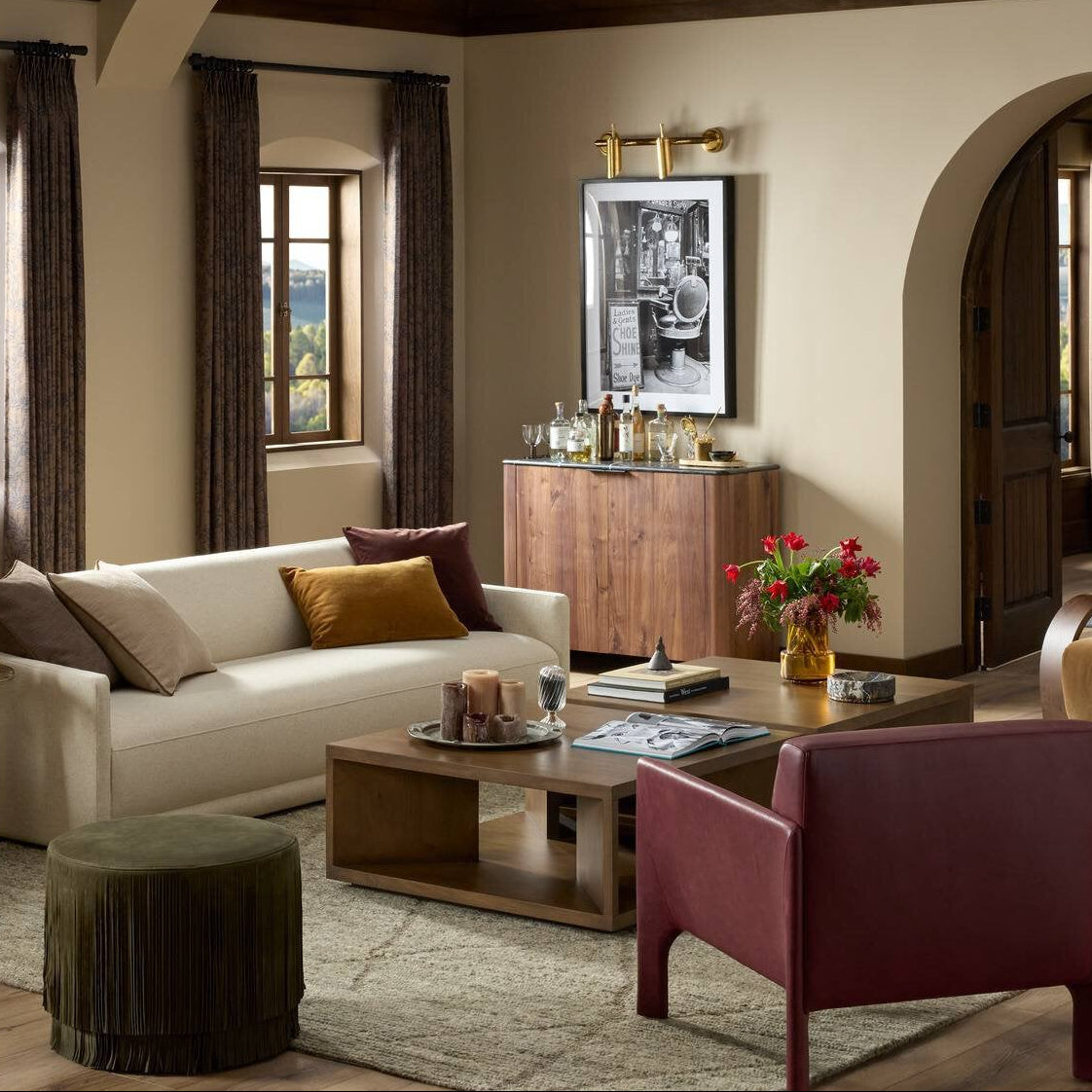 Four Hands Tatum Walnut Natural Small Cabinet styled in a room setting (2)