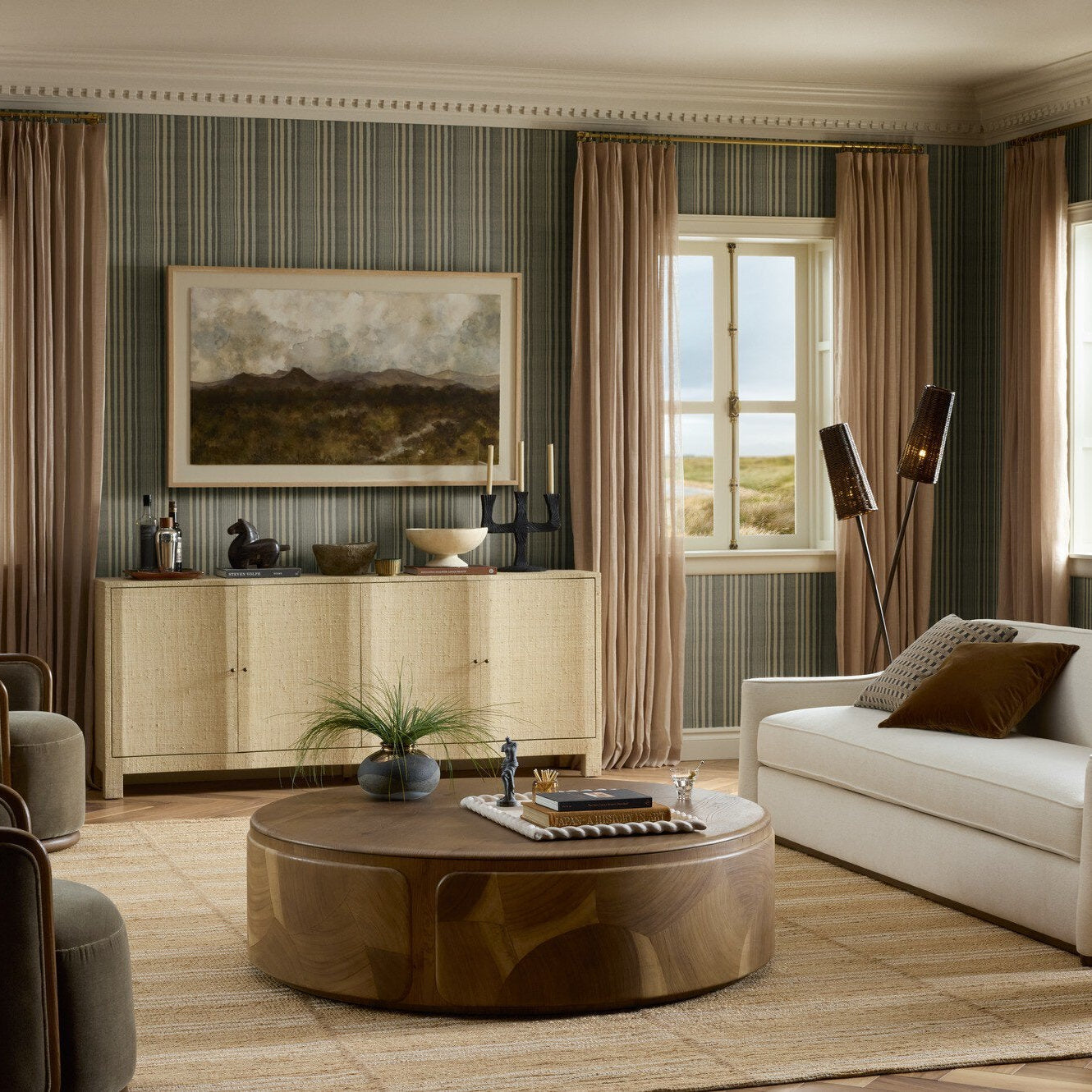 Four Hands Marlena Smoked American Oak Coffee Table - styled room scene 2