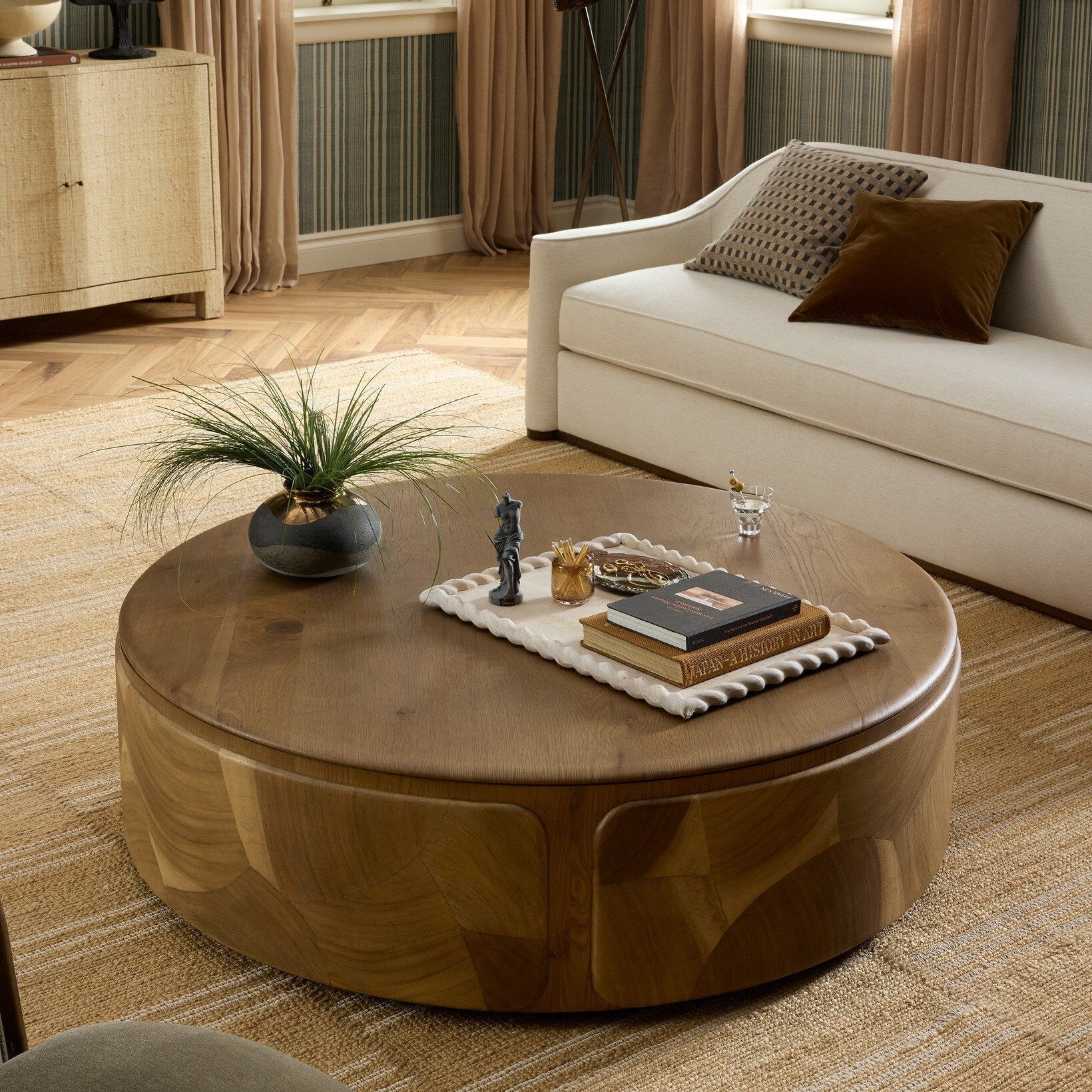 Four Hands Marlena Smoked American Oak Coffee Table - styled room scene