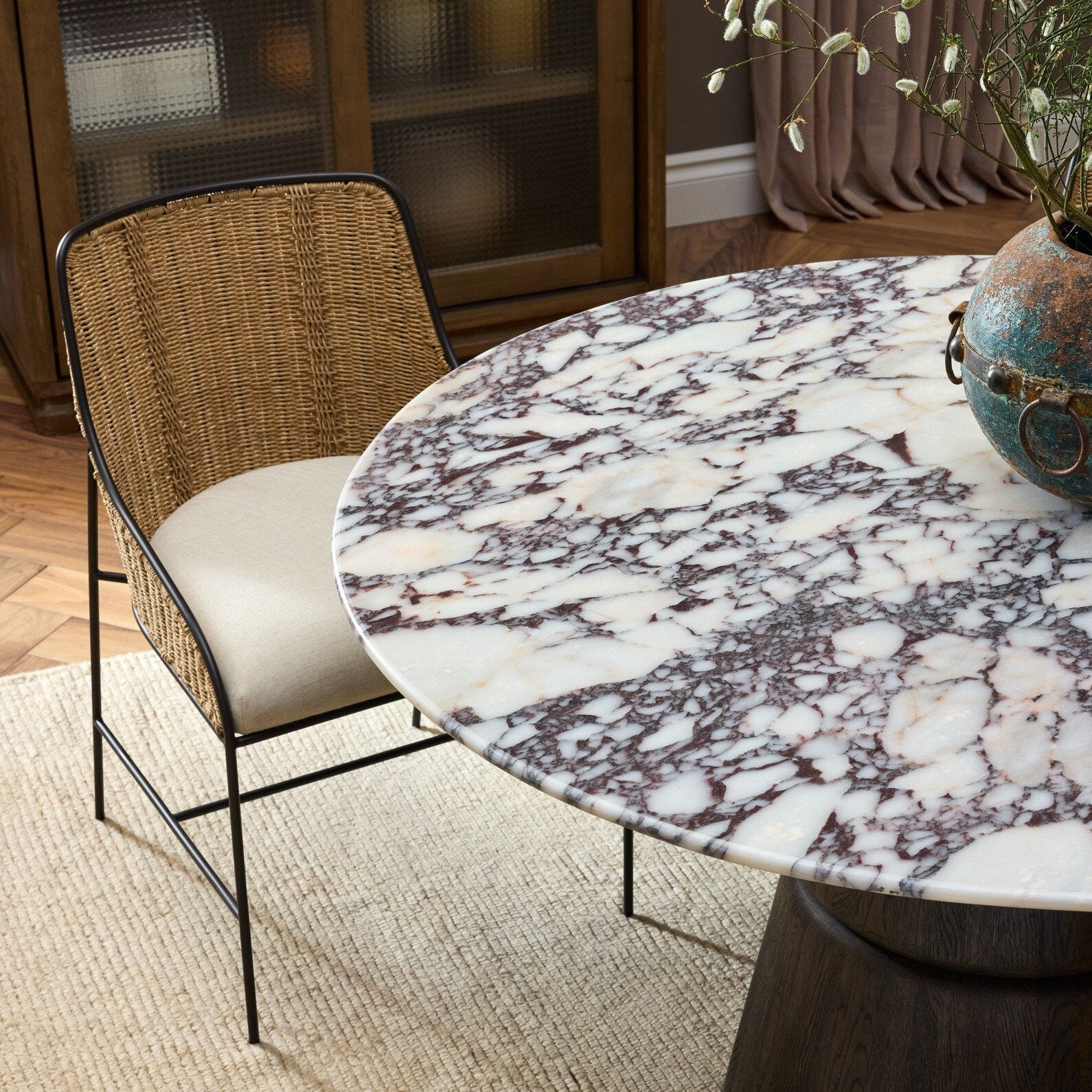 Four Hands Elson Savile Flax Dining Chair in a styled room scene