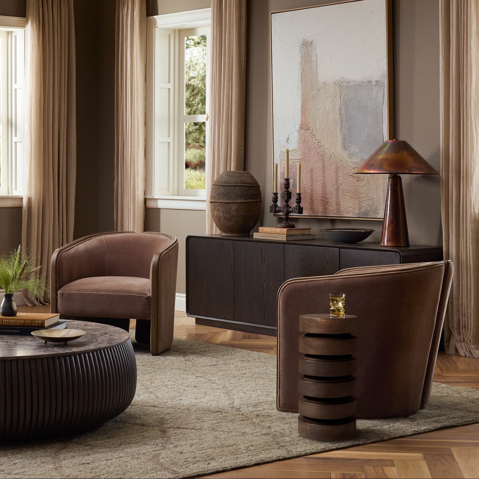 Four Hands Owens Espresso Oak Media Console - styled room scene