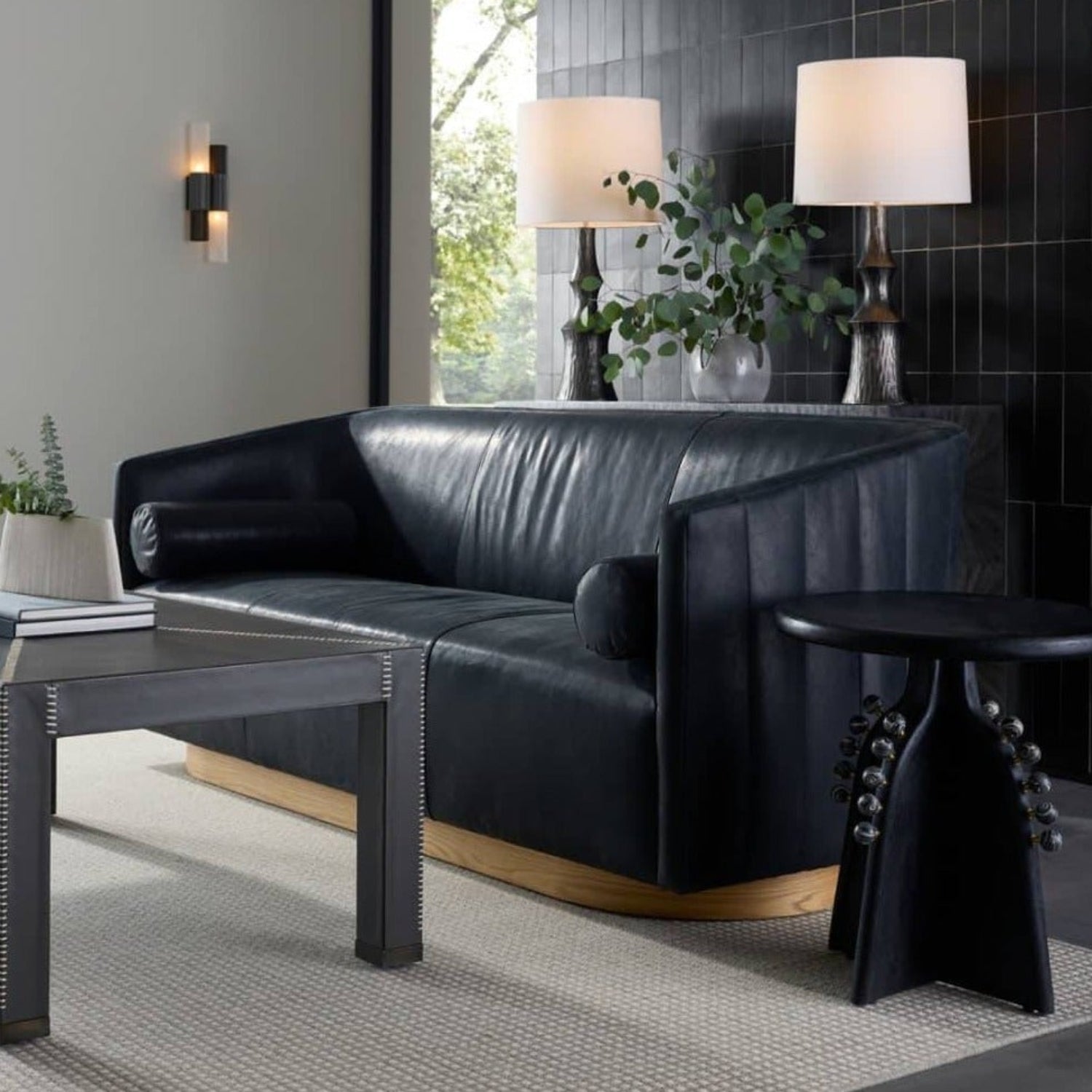 Arteriors Huxley Noir Leather White Oyster Sofa