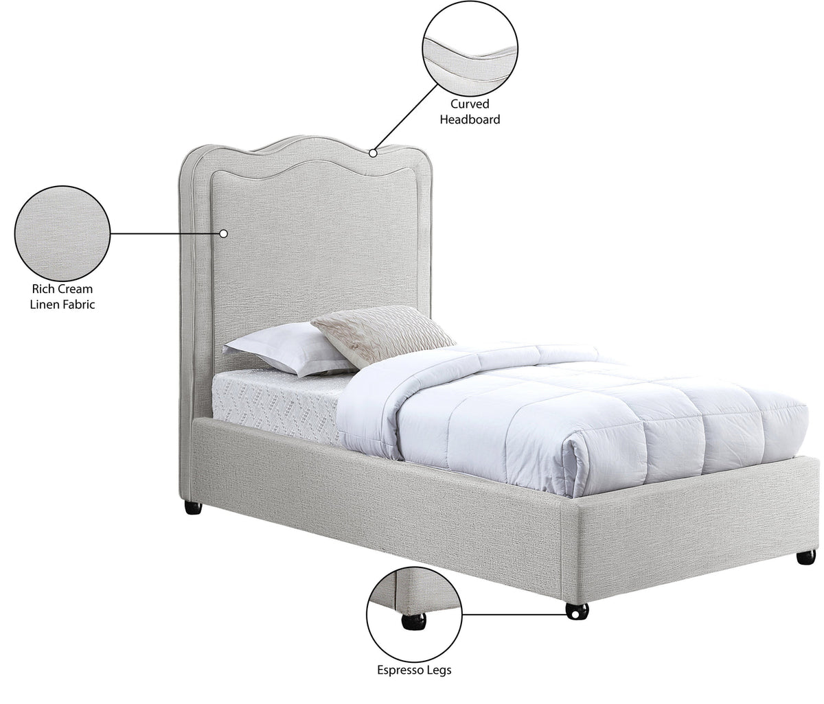 Felix Cream Linen Textured Fabric Upholstered Bed