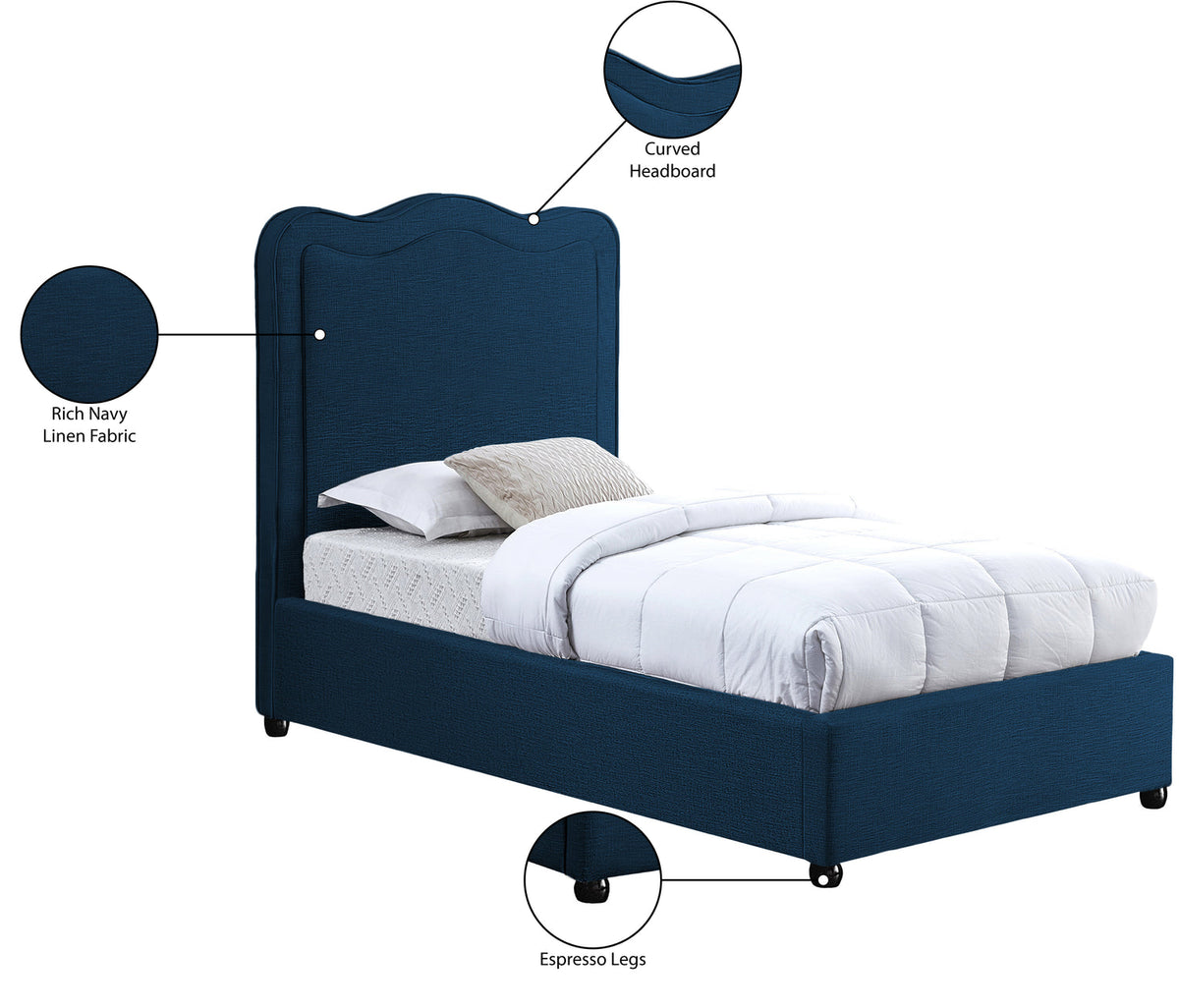 Felix Navy Linen Textured Fabric Upholstered Bed