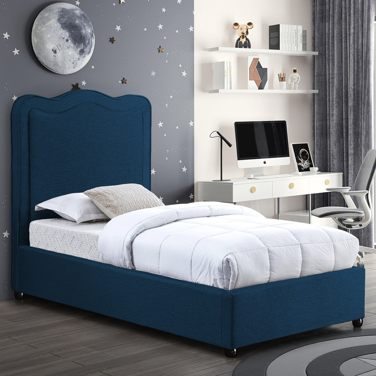 Felix Navy Linen Textured Fabric Upholstered Bed